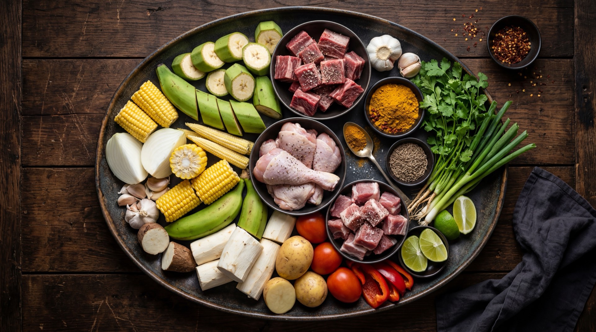 Ingredientes del sancocho trifasico: carne de res para sancocho con hueso, pechuga de pollo fresco, costilla de cerdo fresca, yuca fresca pelada, platano verde pelado, mazorca de maiz tierno, papa criolla pelada, papa sabanera pelada, cebolla larga fresca, ajo fresco machacado, cilantro fresco y comino molido