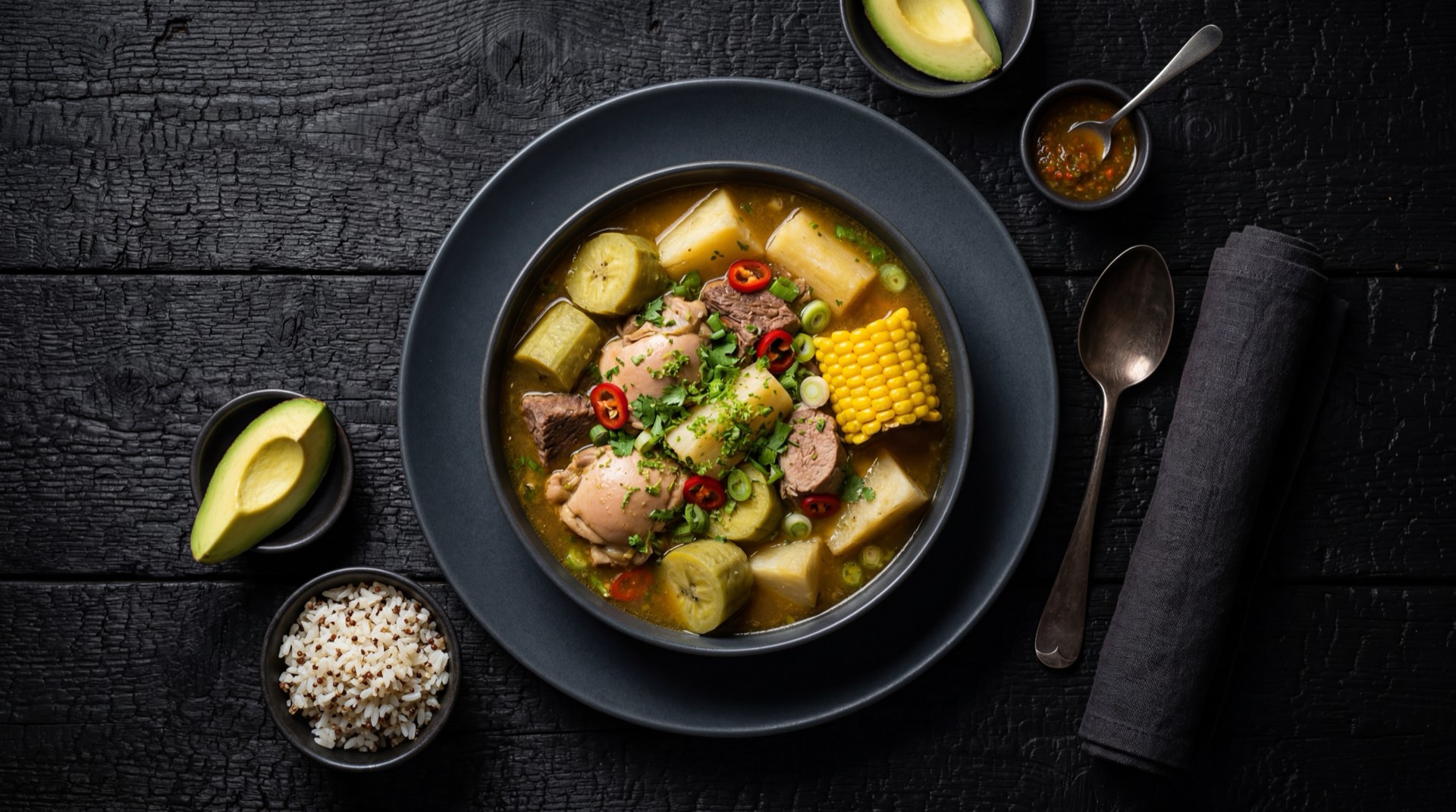 Sancocho trifasico saludable version ligera con mas caldo y vegetales menos yuca fresca y sin arroz blanco cocido aparte
