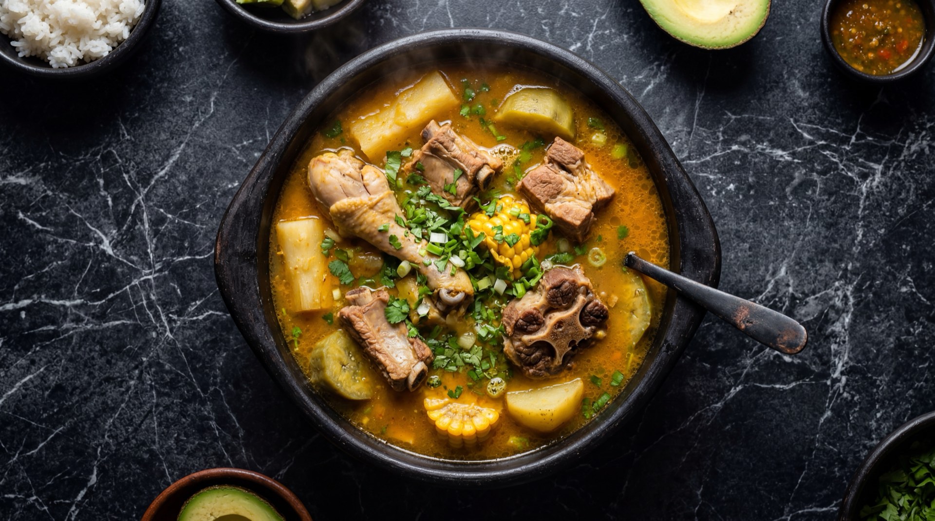 Sancocho trifasico colombiano en olla de barro con carne de res pollo cerdo yuca fresca platano verde mazorca de maiz tierno papa criolla y cilantro fresco