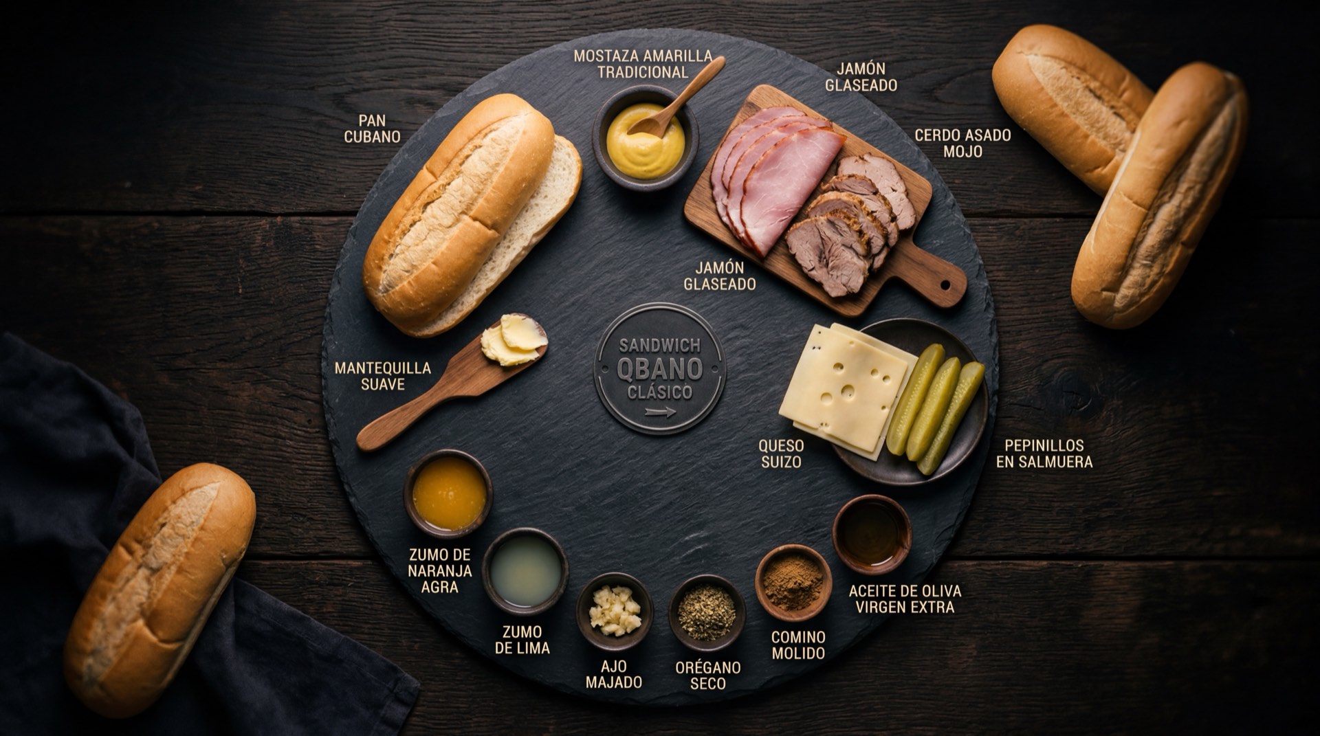 Ingredientes del Sandwich Qbano clasico: pan sub crujiente, jamon de cerdo en lonchas finas, queso mozzarella en lonchas, lechuga fresca batavia, tomate rojo maduro, cebolla blanca fresca, mayonesa y salsa rosada