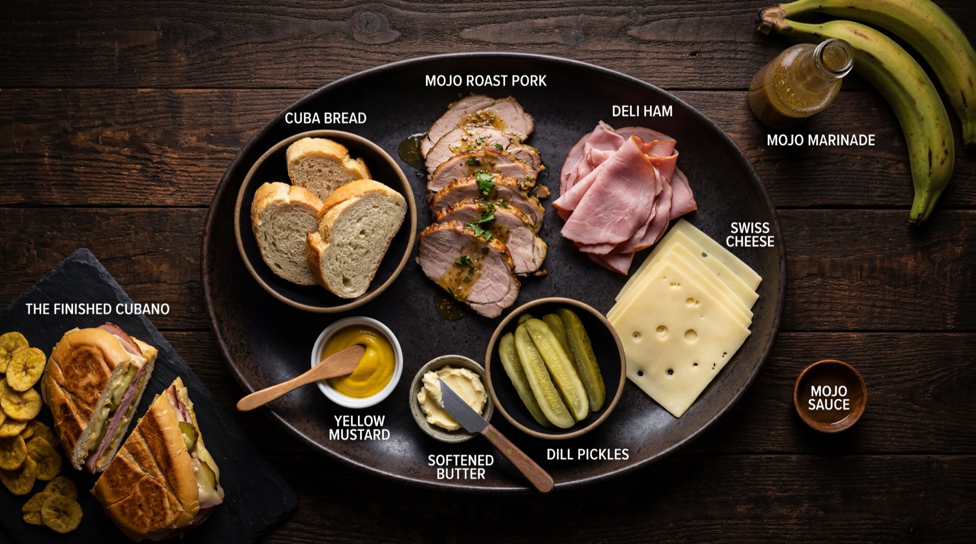 Ingredientes del Sandwich Qbano cubano: pan sub crujiente, jamon de cerdo en lonchas finas, cerdo asado desmenuzado, queso suizo en lonchas, pepinillos en vinagre encurtidos, mostaza amarilla y mantequilla sin sal