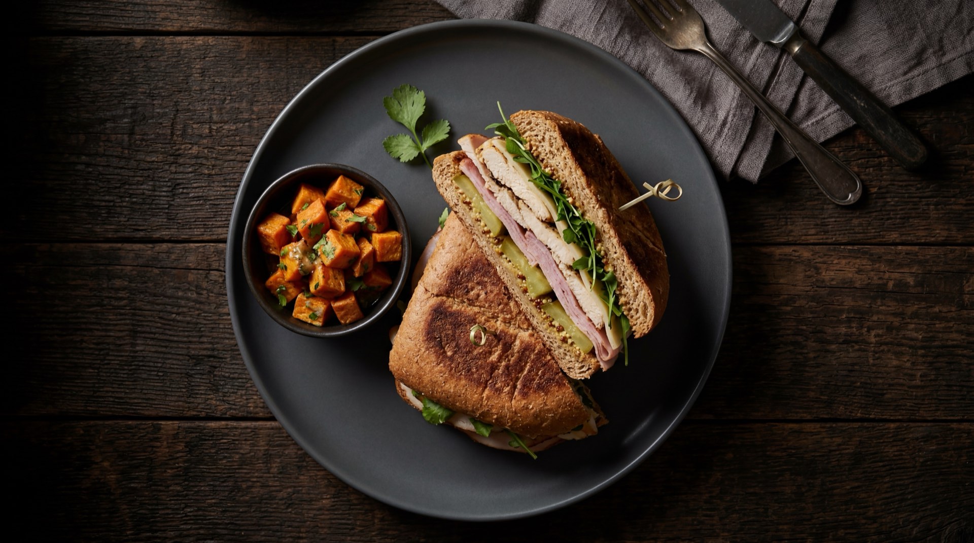 Version saludable del cubano: sandwich con pechuga de pavo, queso bajo en grasa, pepinillos en vinagre y mostaza en pan integral