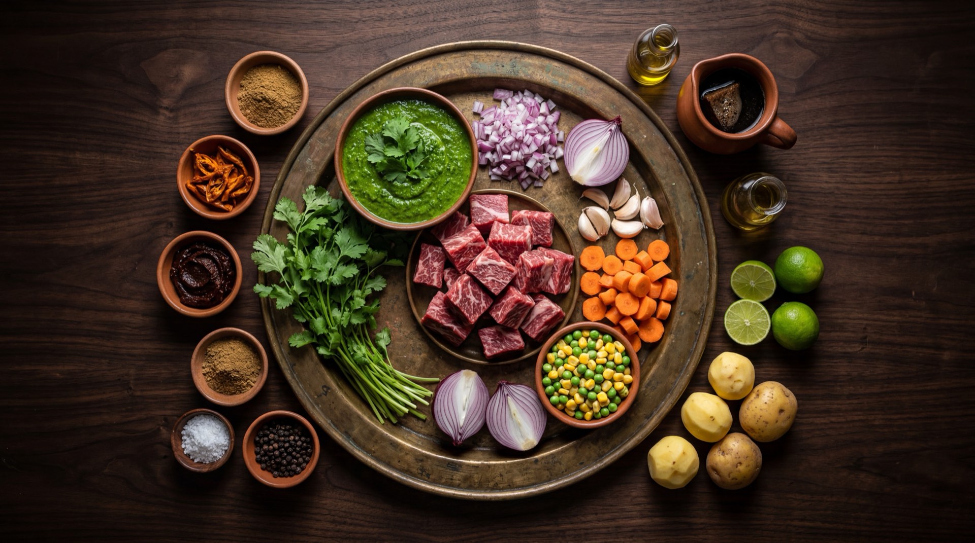 Ingredientes del seco de res peruano: trozos de carne de res para guisar, manojos grandes de cilantro fresco, cerveza rubia, ajies amarillos frescos, cebolla roja grande, tomates rojos maduros, dientes de ajo fresco, frejoles canario secos, comino molido y aceite vegetal