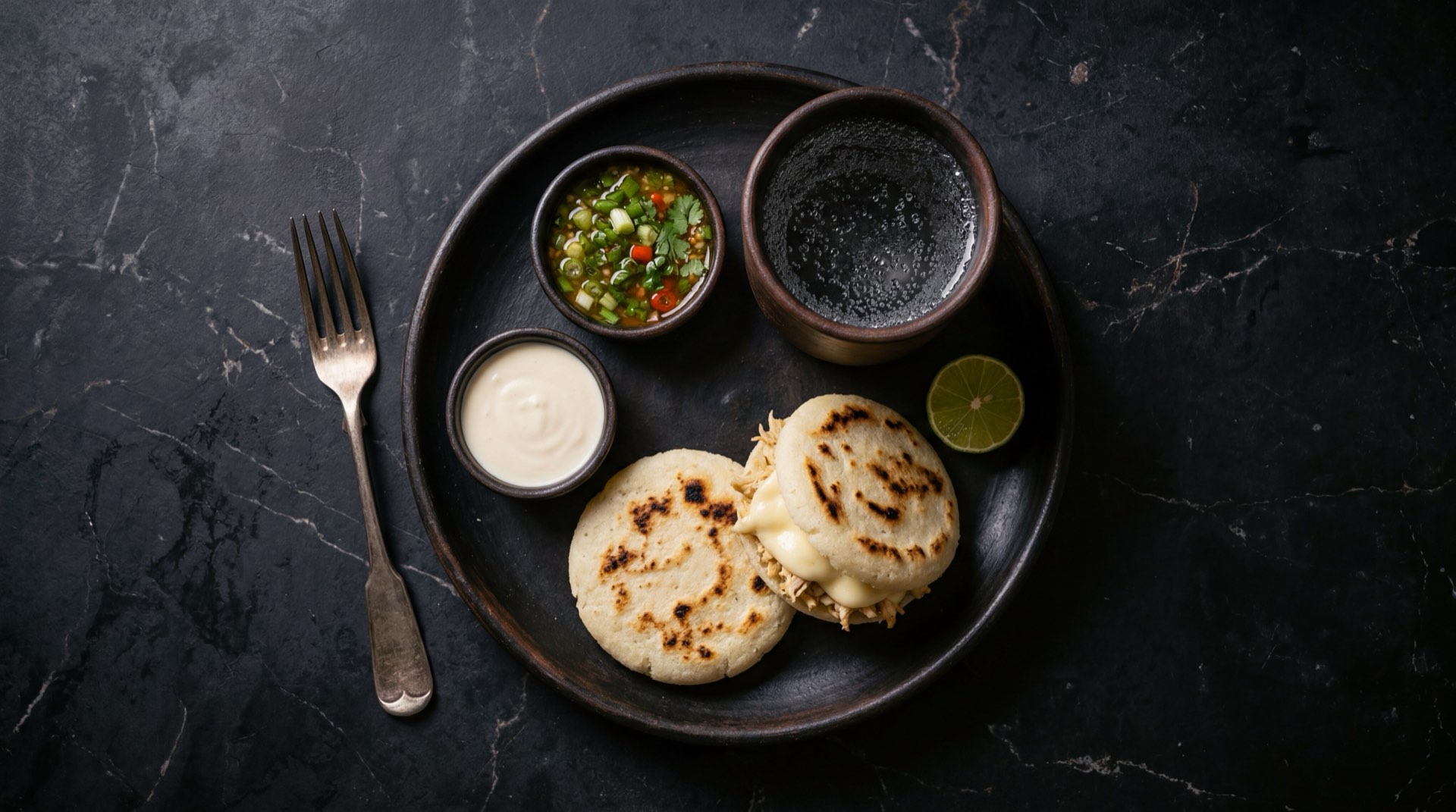 Botella de Seven Up colombiana fria con gotas de condensacion y rodajas de limon verde sobre plato de pizarra cruda en mesa de marmol negro Nero Marquina