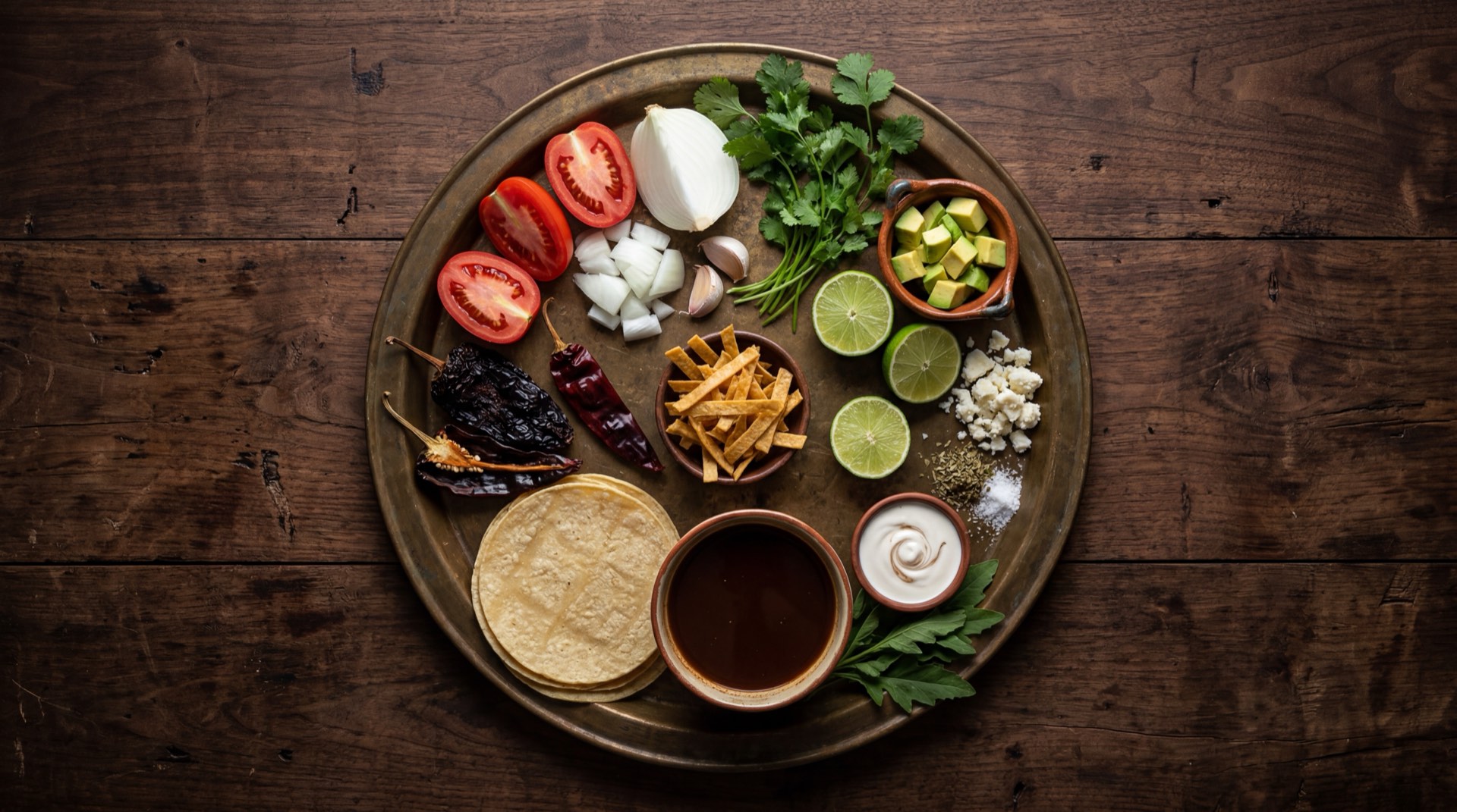 Ingredientes de la sopa azteca mexicana: tomates rojos maduros asados, chiles chipotle adobados, chile pasilla seco, tortillas de maiz frescas cortadas en tiras, aguacate maduro, queso Oaxaca deshebrado, crema acida mexicana, cebolla blanca fresca, ajo fresco y epazote fresco