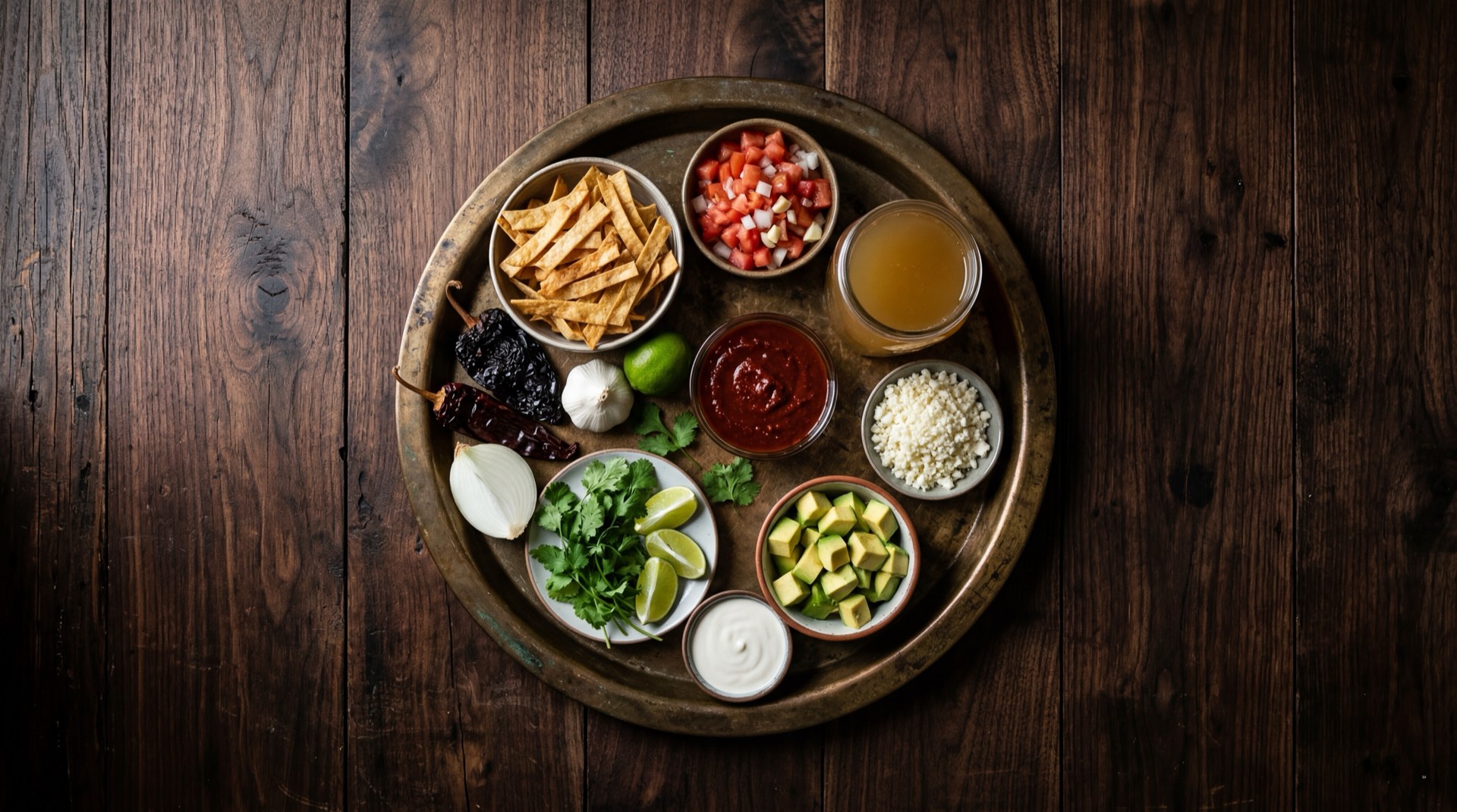 Ingredientes de la sopa de tortilla mexicana: tortillas de maiz del dia anterior, jitomates rojos maduros, chiles pasilla secos desvenados, cebolla blanca entera, dientes de ajo pelados, aguacate Hass maduro, queso fresco desmenuzado y crema acida mexicana