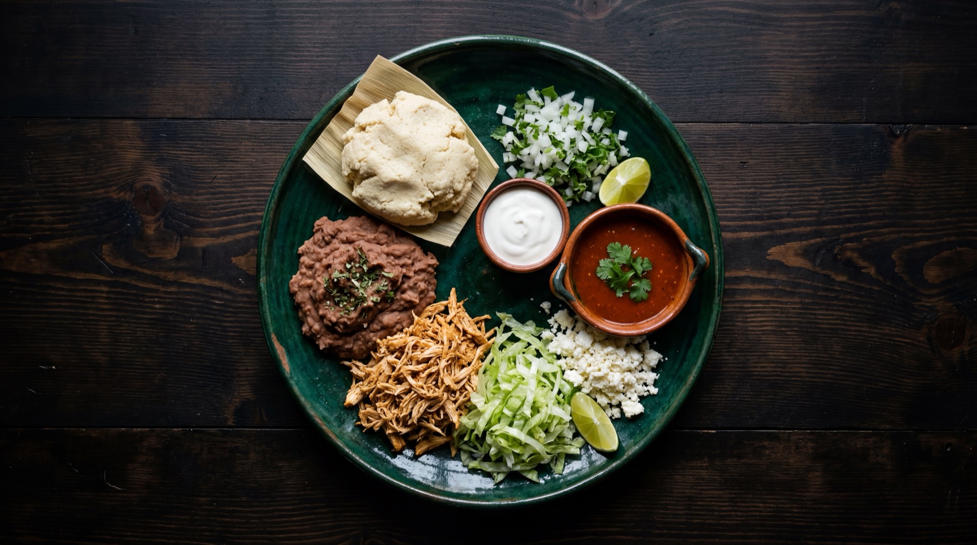 Ingredientes para sopes mexicanos: masa de maiz fresca nixtamalizada, frijoles refritos bayos, carne de res deshebrada, lechuga iceberg fresca, crema acida mexicana, queso fresco desmoronado, salsa roja de chile de arbol, cebolla blanca picada y limon verde