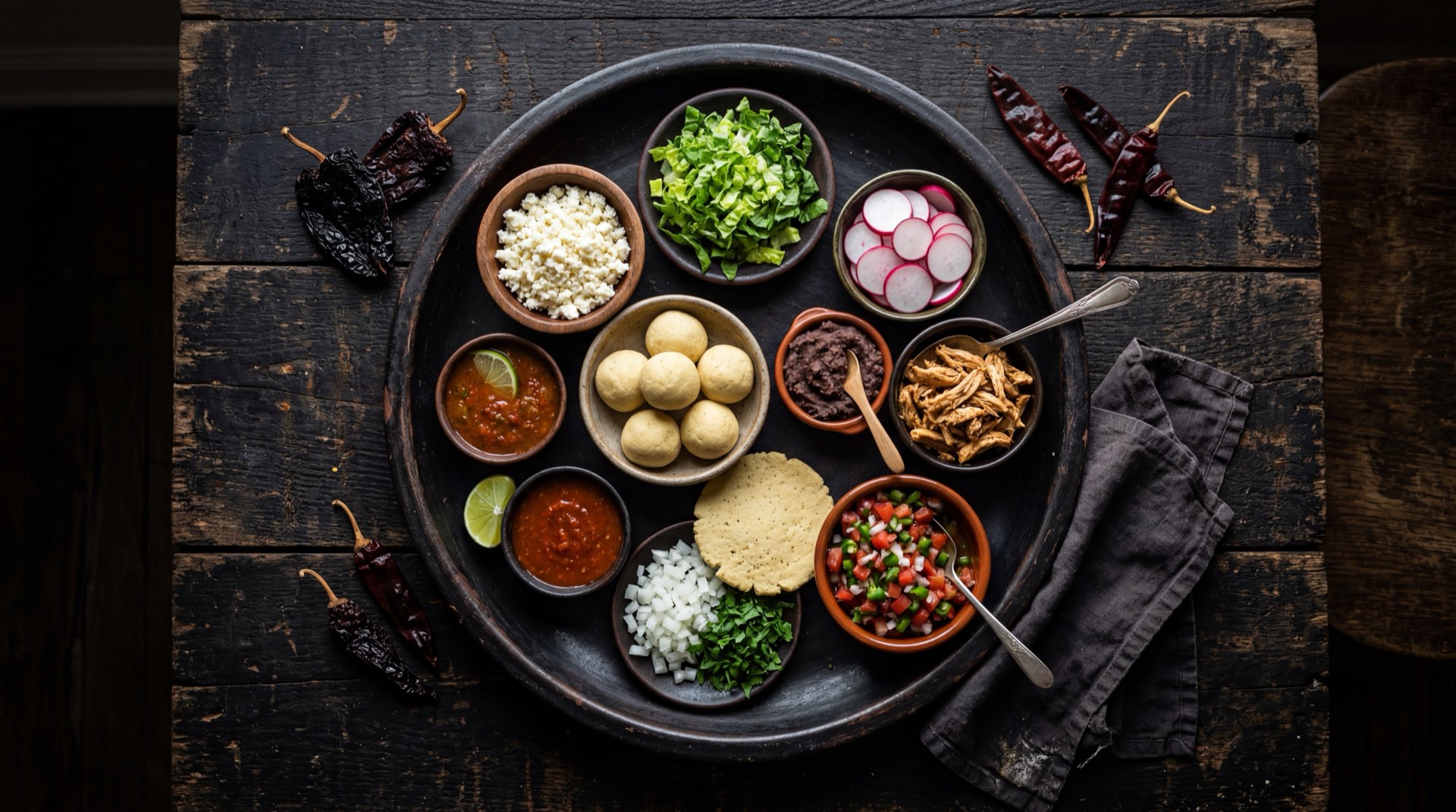 Ingredientes para sopes mexicanos: masa de maiz nixtamalizado, frijoles negros refritos, carne de res molida sazonada, lechuga iceberg picada, crema agria mexicana, queso fresco desmoronado y salsa verde de tomatillo