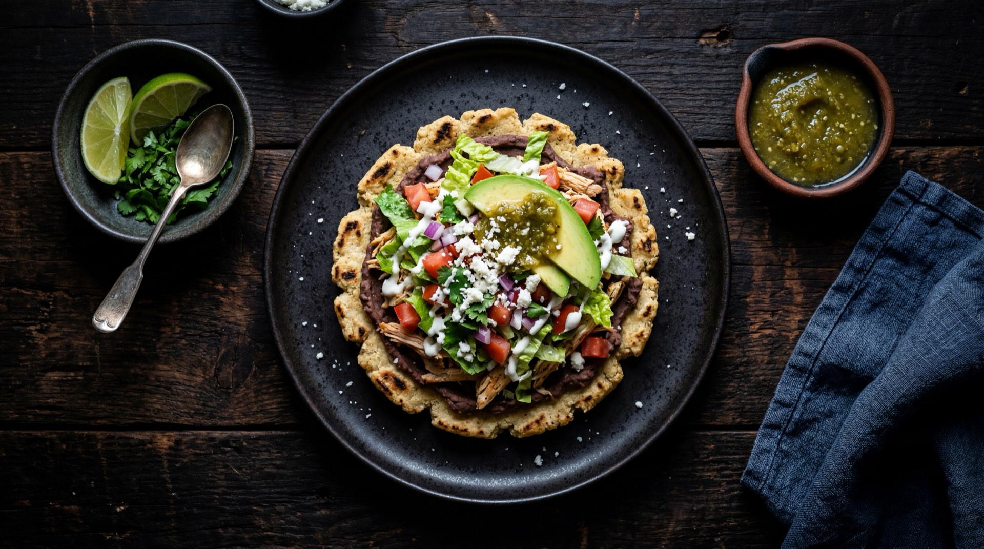 Sopes mexicanos version saludable al comal sin freir con pollo desmenuzado, lechuga iceberg y poca crema agria sobre plato de barro negro