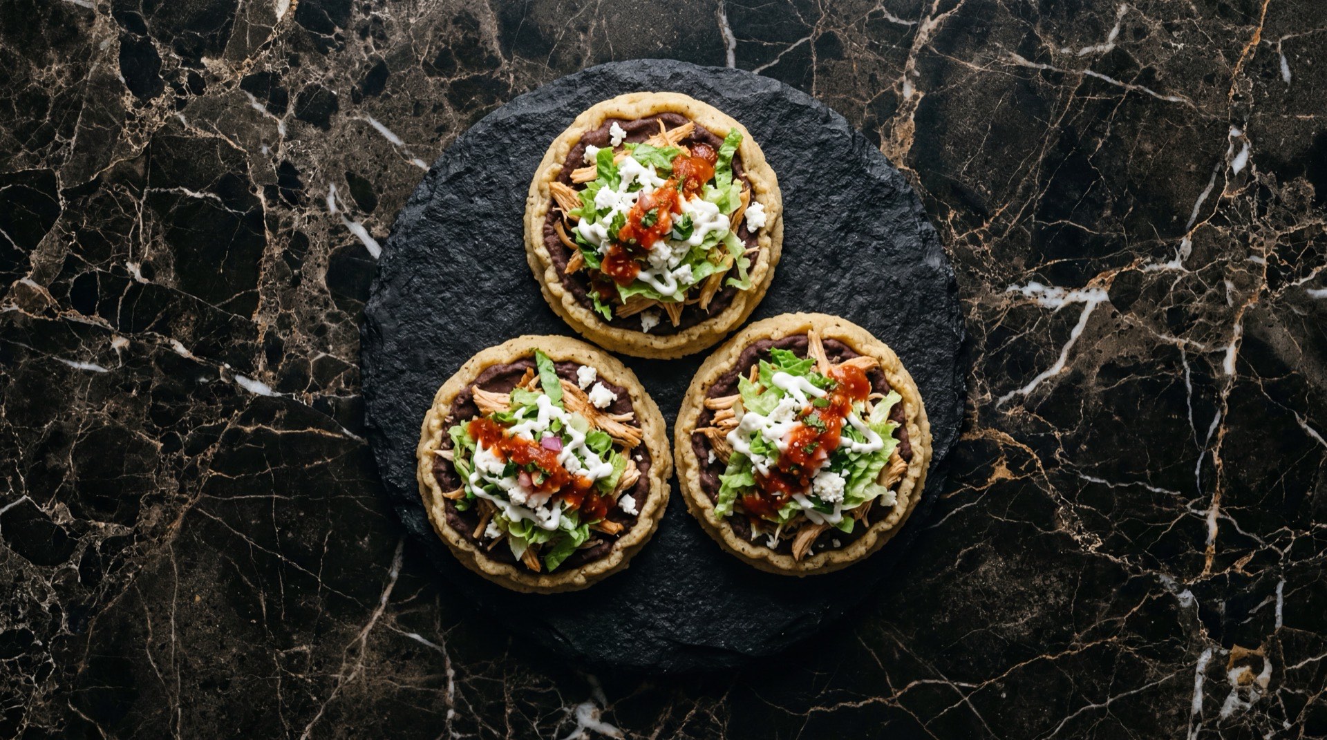 Sopes mexicanos con frijoles refritos, carne deshebrada, lechuga iceberg picada, crema acida, queso fresco desmoronado y salsa roja en plato de barro oscuro sobre mesa de piedra volcanica