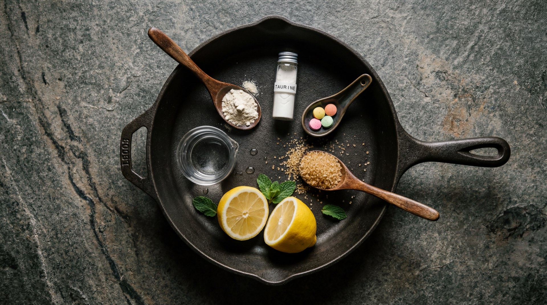 Ingredientes del Speed Max de Postobon: lata azul y plateada abierta junto a granos de cafe tostado, polvo blanco de taurina pura y capsulas de vitaminas del complejo B