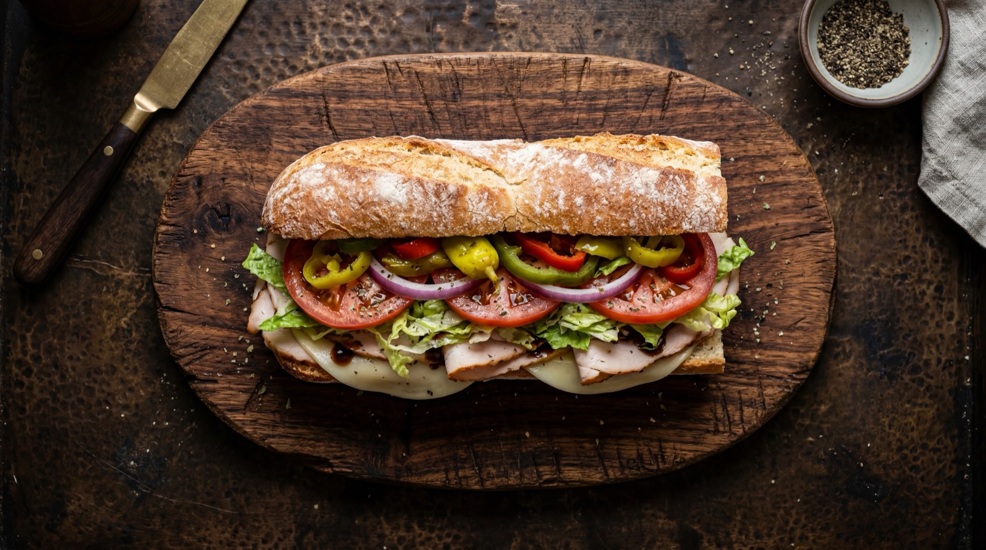 Ingredientes del sub de Subway Colombia: pan fresco italiano, filetes de pechuga de pollo a la plancha, lechuga crespa fresca, tomate rojo maduro en rodajas, pepino largo fresco, cebolla morada en aros, pimenton verde fresco