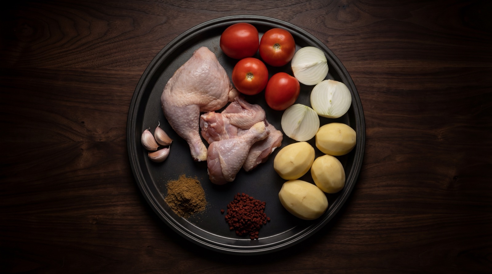 Ingredientes del sudado de pollo: pollo, papa, tomate, cebolla y cilantro