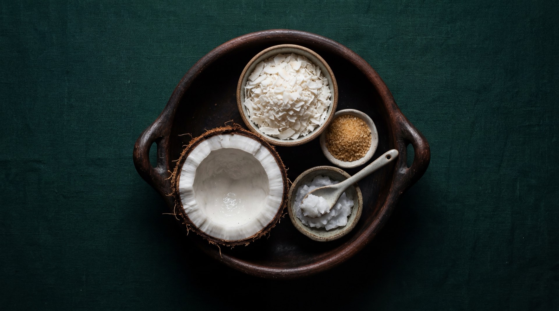 Ingredientes del Super Coco: coco rallado deshidratado natural, azucar refinada blanca, jarabe de glucosa transparente y sal marina fina sobre superficie oscura