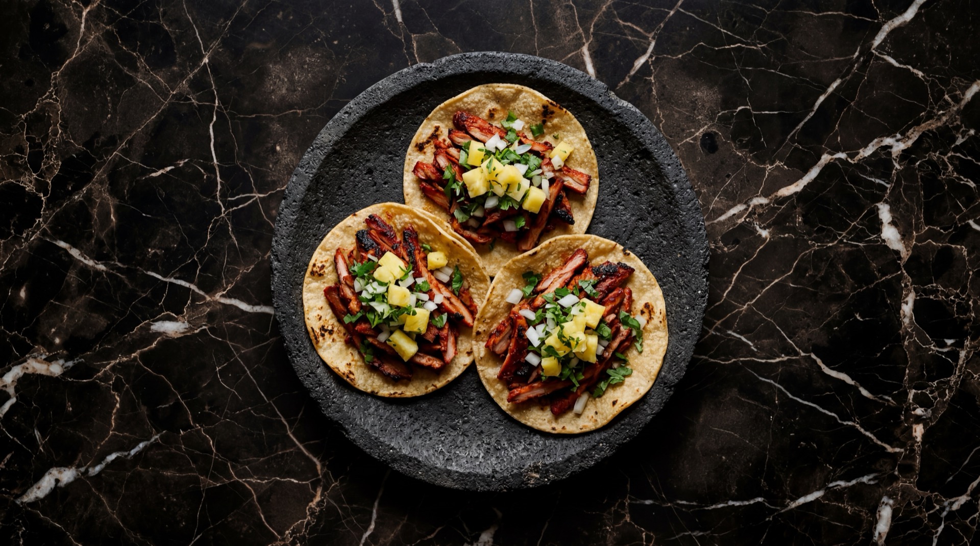 Tacos al pastor mexicanos con carne de cerdo marinada en achiote, pina asada, cebolla blanca picada y cilantro fresco sobre tortillas de maiz pequenas en plato de basalto volcanico sobre mesa de obsidiana pulida