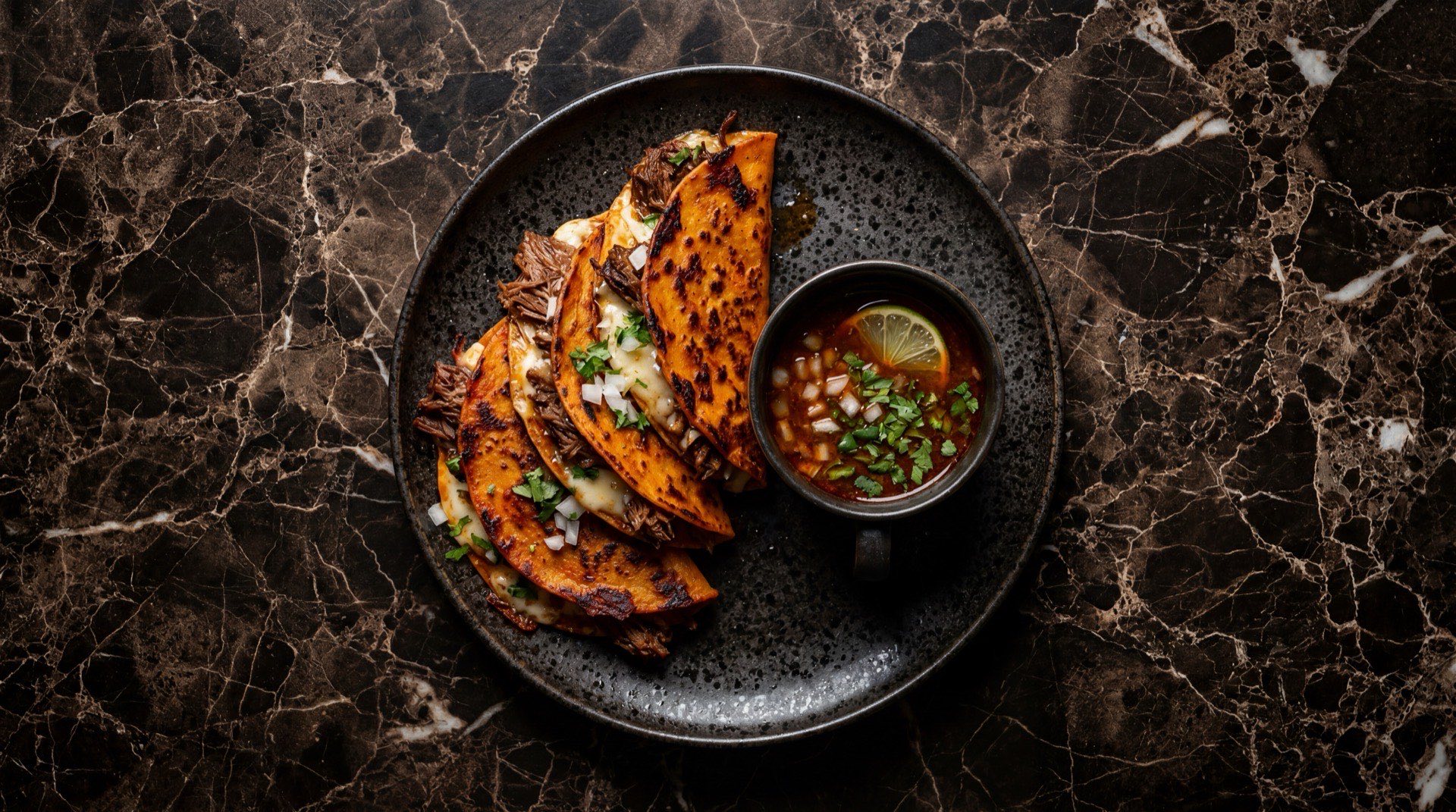 Tacos de birria de res dorados y crujientes con consomé rojo para mojar, cilantro fresco picado y cebolla blanca en plato de hierro fundido sobre mesa de marmol negro