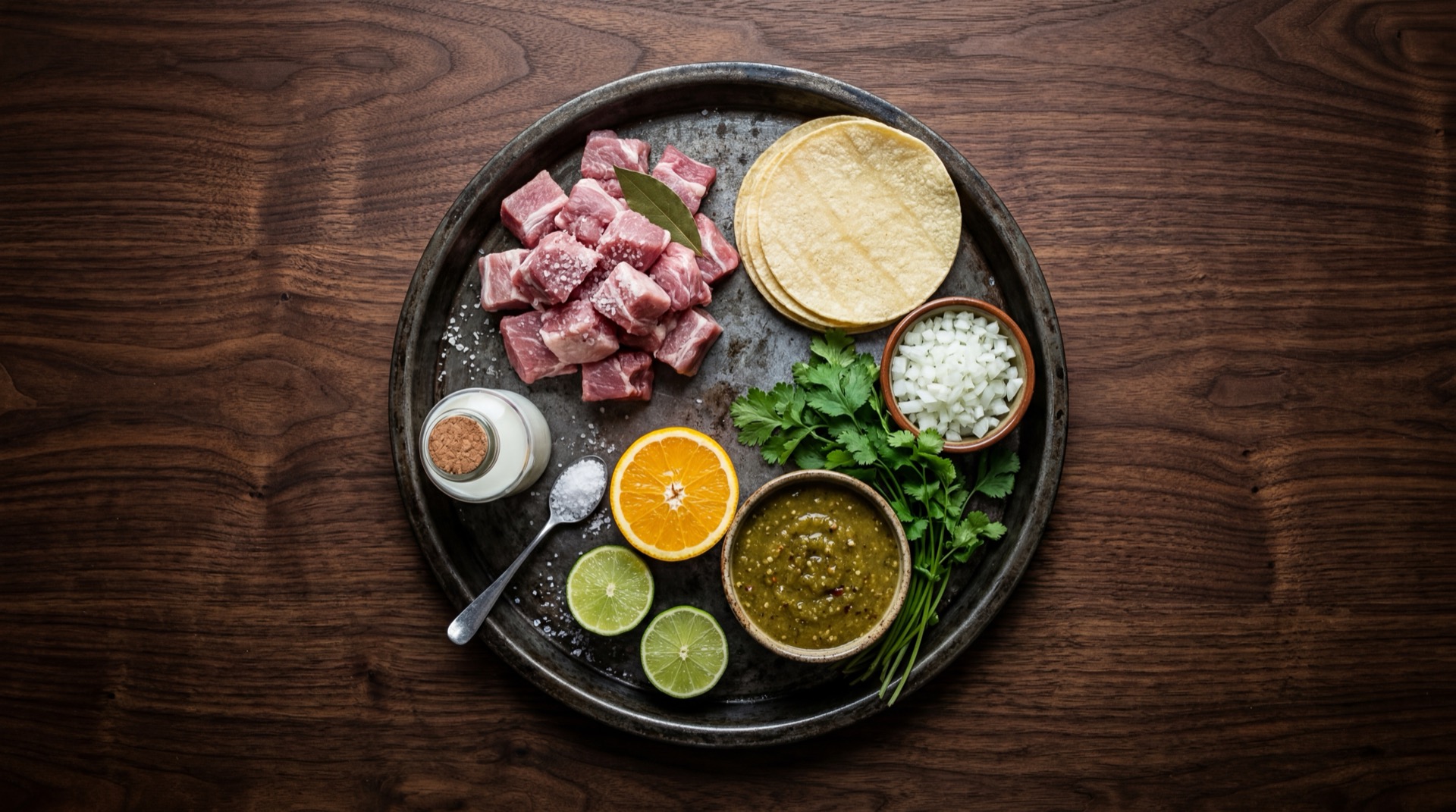 Ingredientes para tacos de carnitas michoacanas: pierna de cerdo con hueso cruda, manteca de cerdo blanca, naranja entera, dientes de ajo enteros, canela entera en raja, pimienta negra entera, tortillas de maiz frescas, cilantro fresco, cebolla blanca y limones verdes