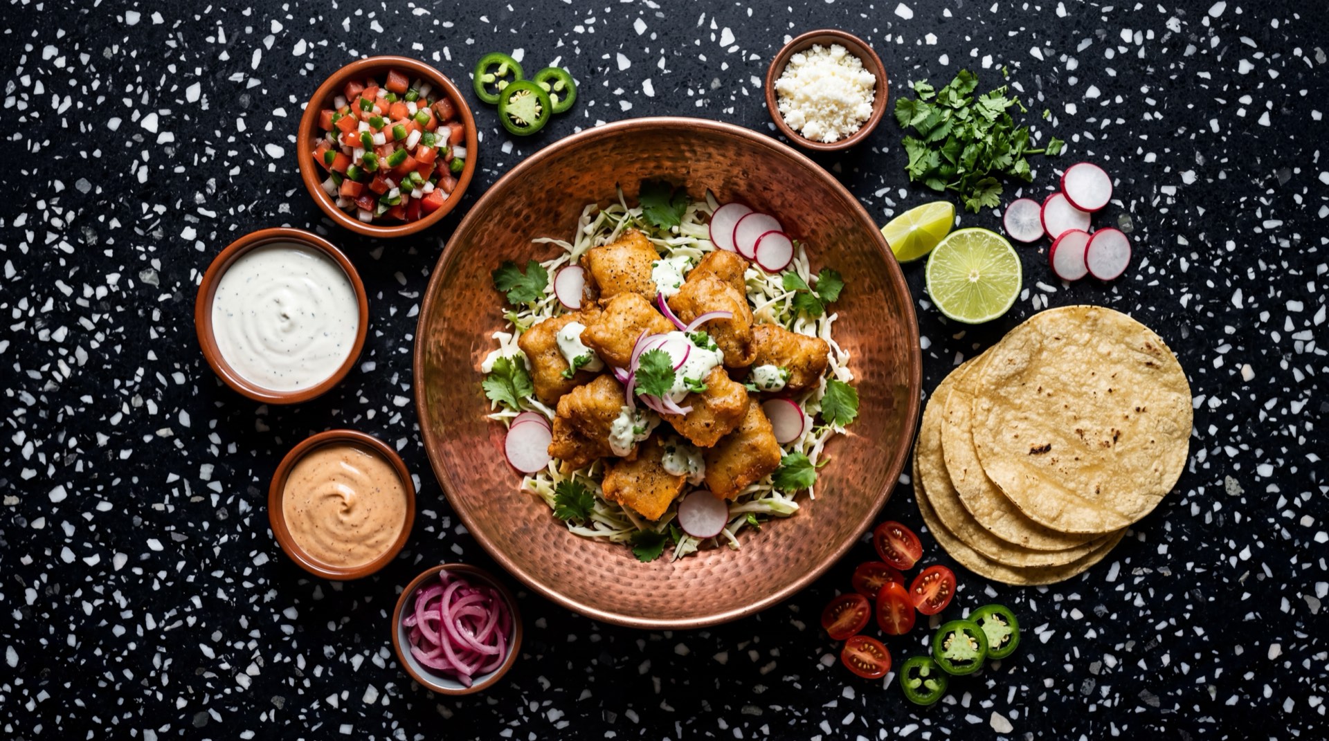 Ingredientes de los tacos de pescado estilo Baja: filete de pescado blanco fresco crudo, tortillas de harina de trigo, repollo morado entero, tomate rojo maduro, cebolla blanca, cilantro fresco en manojo, chile serrano verde, cerveza clara fria, harina de trigo para todo uso, limones verdes mexicanos y crema agria mexicana