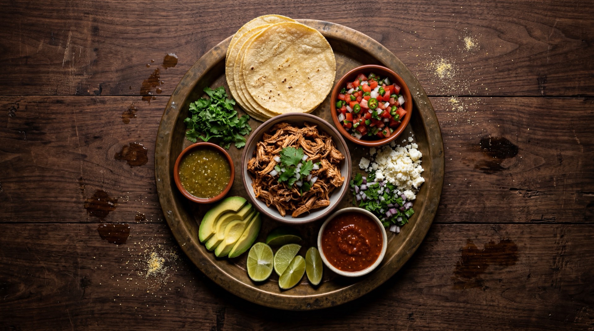 Ingredientes de los tacos de pollo mexicanos: pechuga de pollo deshuesada sin piel, tortillas de maiz nixtamalizado frescas, cilantro fresco en manojo, cebolla blanca entera, limones verdes mexicanos, salsa verde casera de tomatillo y comino molido