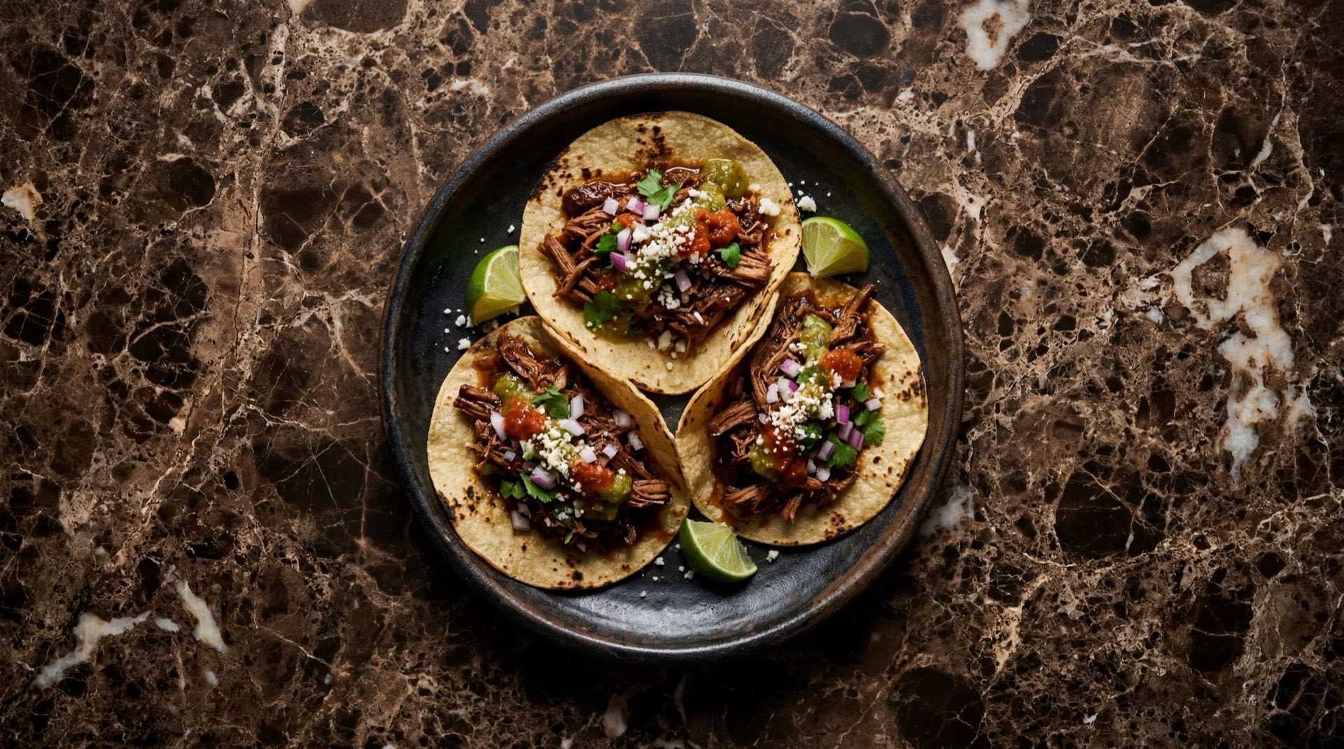 Tacos de pollo mexicanos con tortilla de maiz nixtamalizado, pollo desmenuzado, cilantro fresco picado, cebolla blanca picada y limon verde sobre plato de ceramica negra mate