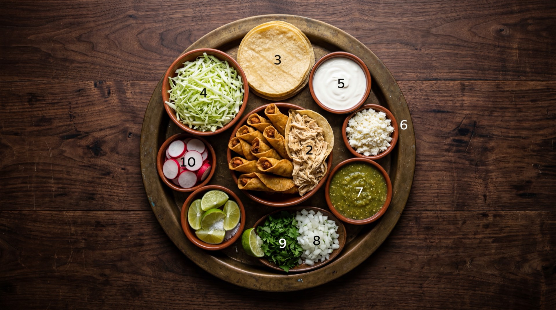 Ingredientes de los tacos dorados mexicanos: tortillas de maiz nixtamalizado frescas, pechuga de pollo deshuesada desmenuzada, lechuga iceberg entera, crema agria mexicana, queso fresco en bloque, salsa verde casera de tomatillo y aceite vegetal de canola