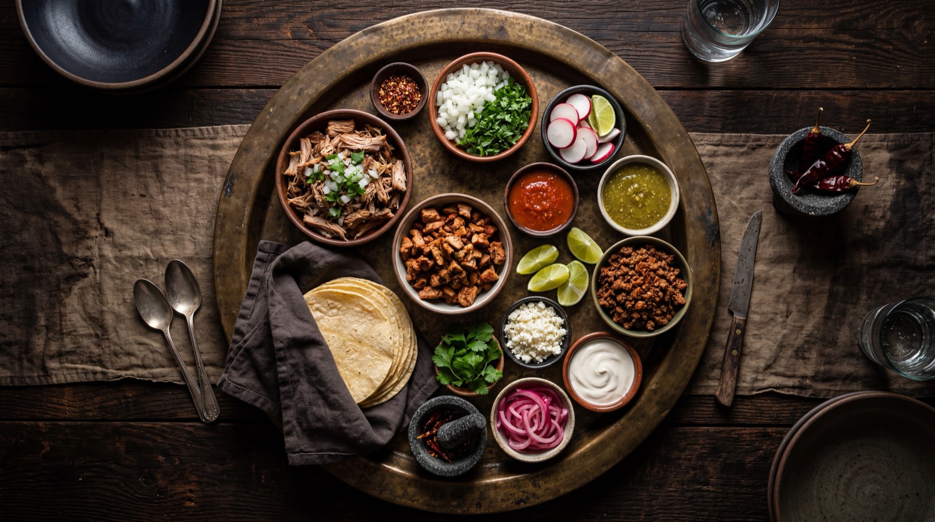 Ingredientes para tacos al pastor: carne de cerdo en bisteces delgados, chiles guajillo secos, chiles ancho secos, pasta de achiote, pina fresca en rodajas, tortillas de maiz pequenas, cilantro fresco, cebolla blanca y limon verde fresco
