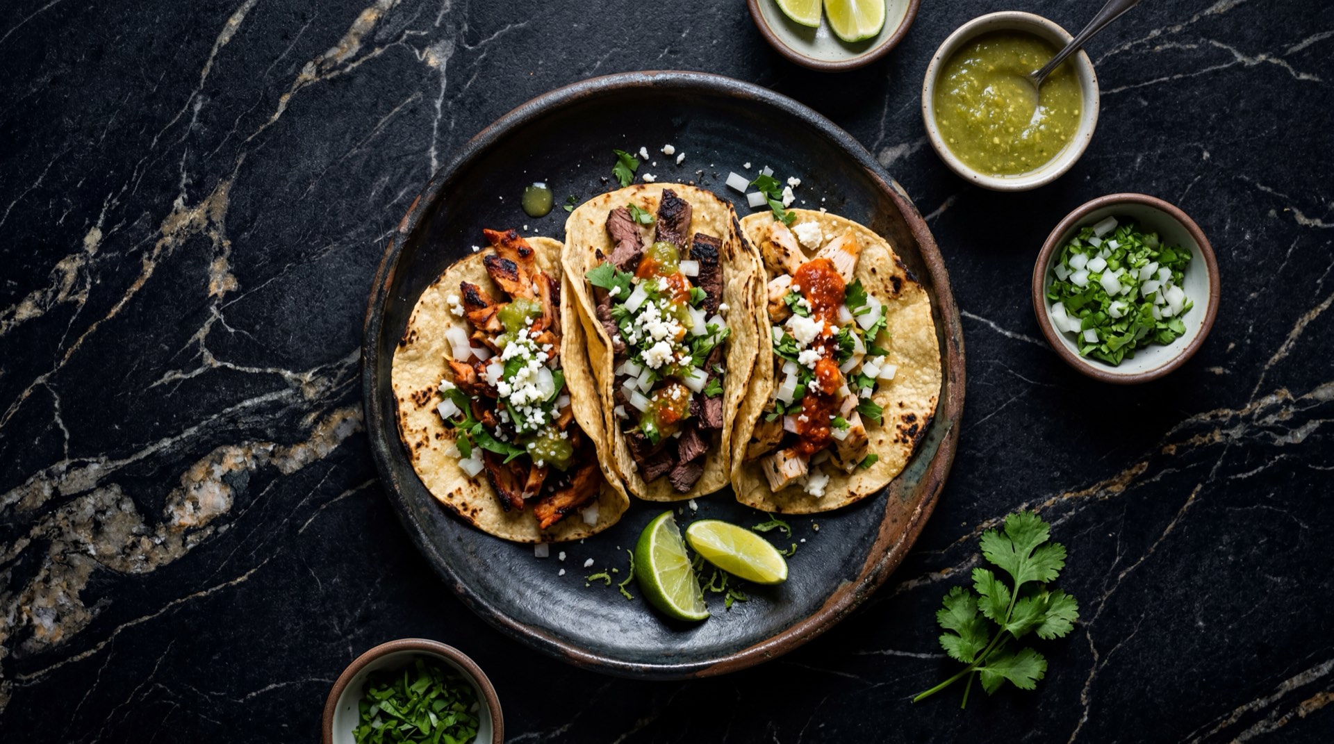 Tacos al pastor mexicanos en plato de barro oscuro sobre mesa de granito negro con destellos dorados