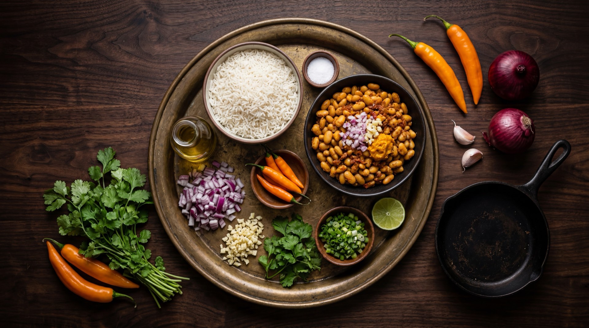 Ingredientes del tacu tacu peruano: arroz blanco cocido del dia anterior, frejoles canario cocidos con su caldo, cebolla roja mediana, dientes de ajo fresco, aji amarillo fresco, aceite vegetal, comino molido y oregano seco