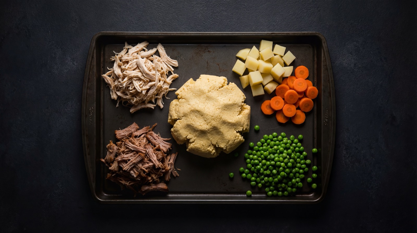 Ingredientes del tamal colombiano: masa de maiz, pollo, cerdo, zanahoria, arvejas, huevo y hojas de platano