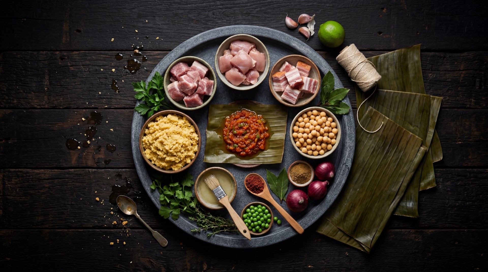 Ingredientes del tamal santandereano: masa de maiz seca, cerdo en trozos, garbanzo cocido, arroz blanco crudo, zanahoria pelada en rodajas, cebolla larga fresca, ajo fresco, comino molido y hojas de platano