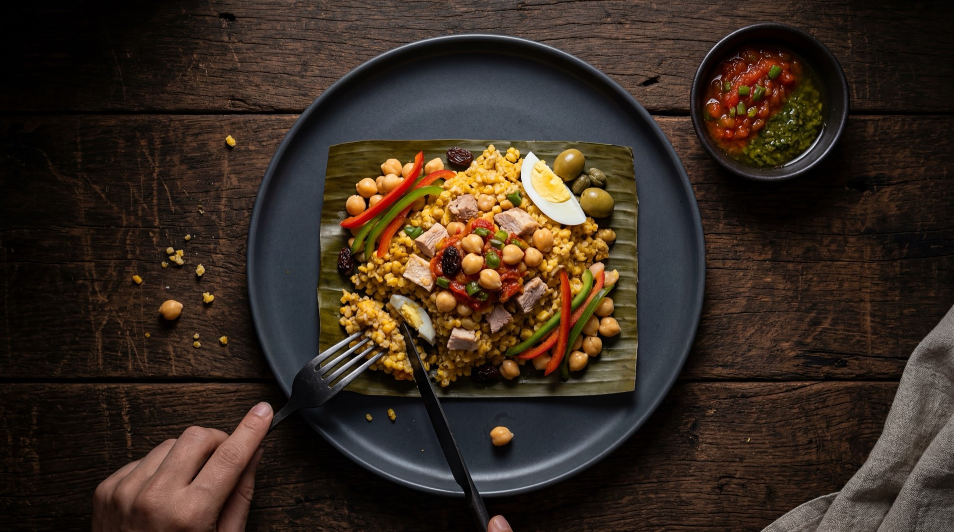 Tamal santandereano version ligera con mas garbanzo, menos cerdo, mas pollo y masa delgada de maiz