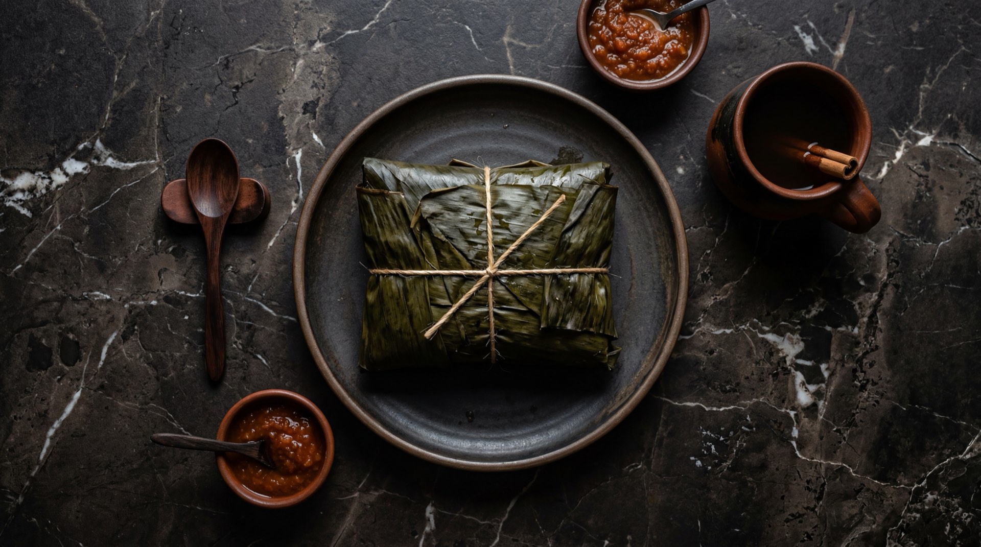Tamal santandereano colombiano abierto en hoja de platano mostrando masa de maiz, cerdo en trozos, garbanzo cocido, arroz blanco y zanahoria en rodajas
