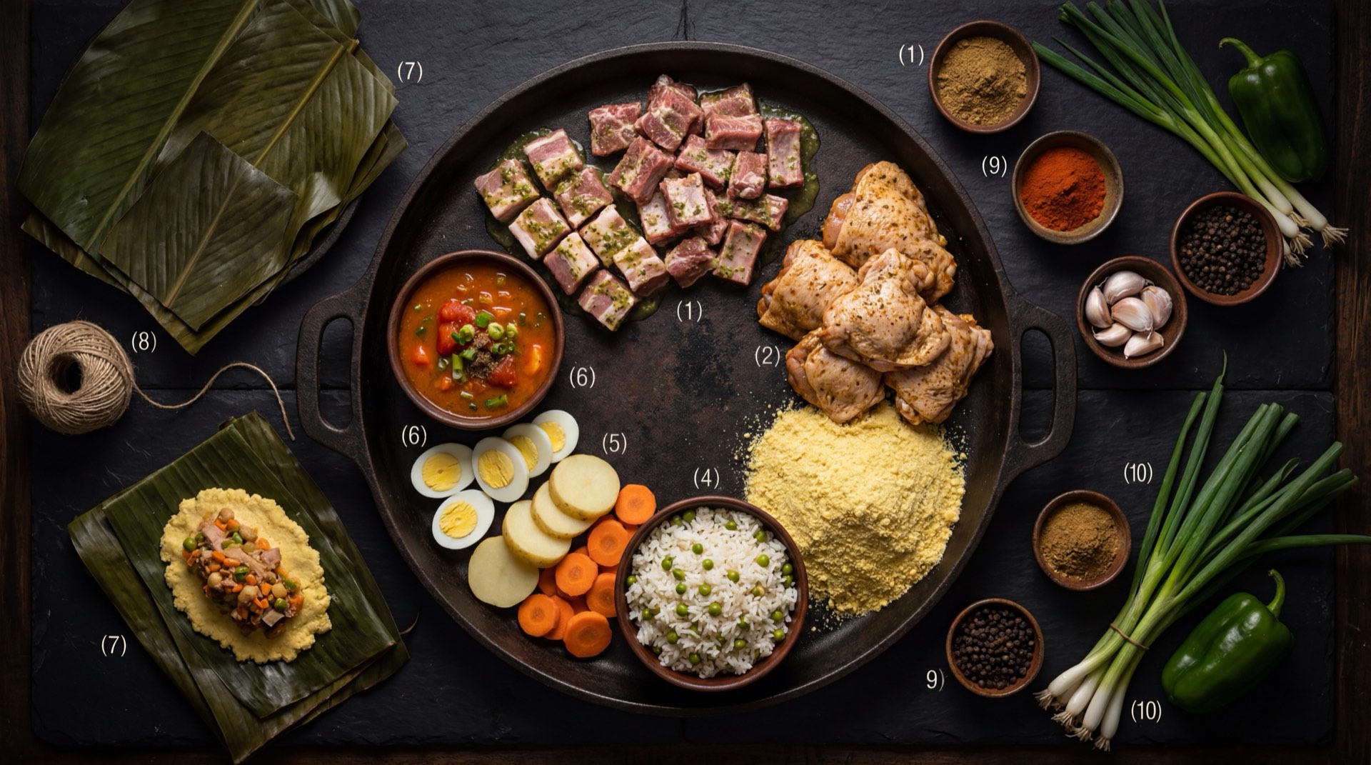 Ingredientes del tamal tolimense: masa de maiz blanco precocido, arroz blanco crudo, carne de cerdo fresca con hueso, pechuga de pollo fresco, tocino de cerdo fresco, huevos duros, arvejas secas verdes, zanahoria grande pelada, cebolla larga fresca, ajo fresco y hojas de platano