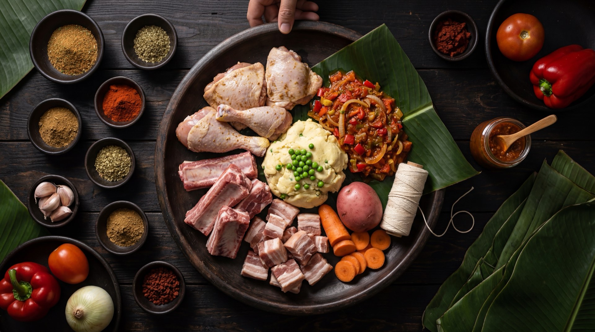 Ingredientes del tamal valluno: masa de maiz blanco precocido, pechuga de pollo fresco desmechado, carne de cerdo fresca en cubos, papa criolla pelada, zanahoria grande en rodajas, arvejas verdes frescas, huevos duros, cebolla larga fresca, ajo fresco, tomate rojo maduro y hojas de platano