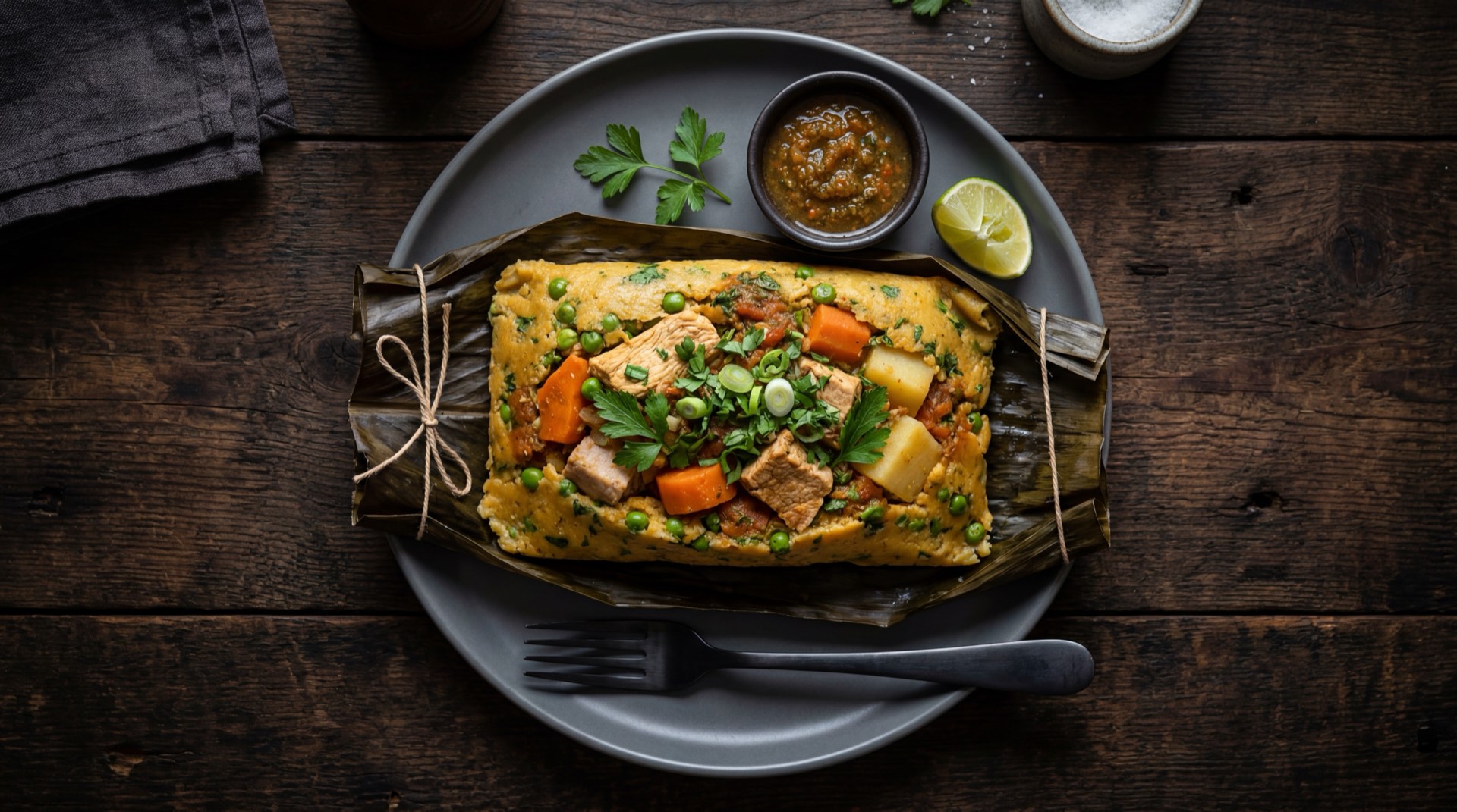 Tamal valluno saludable version ligera con menos masa de maiz blanco precocido y mas vegetales frescos relleno visible