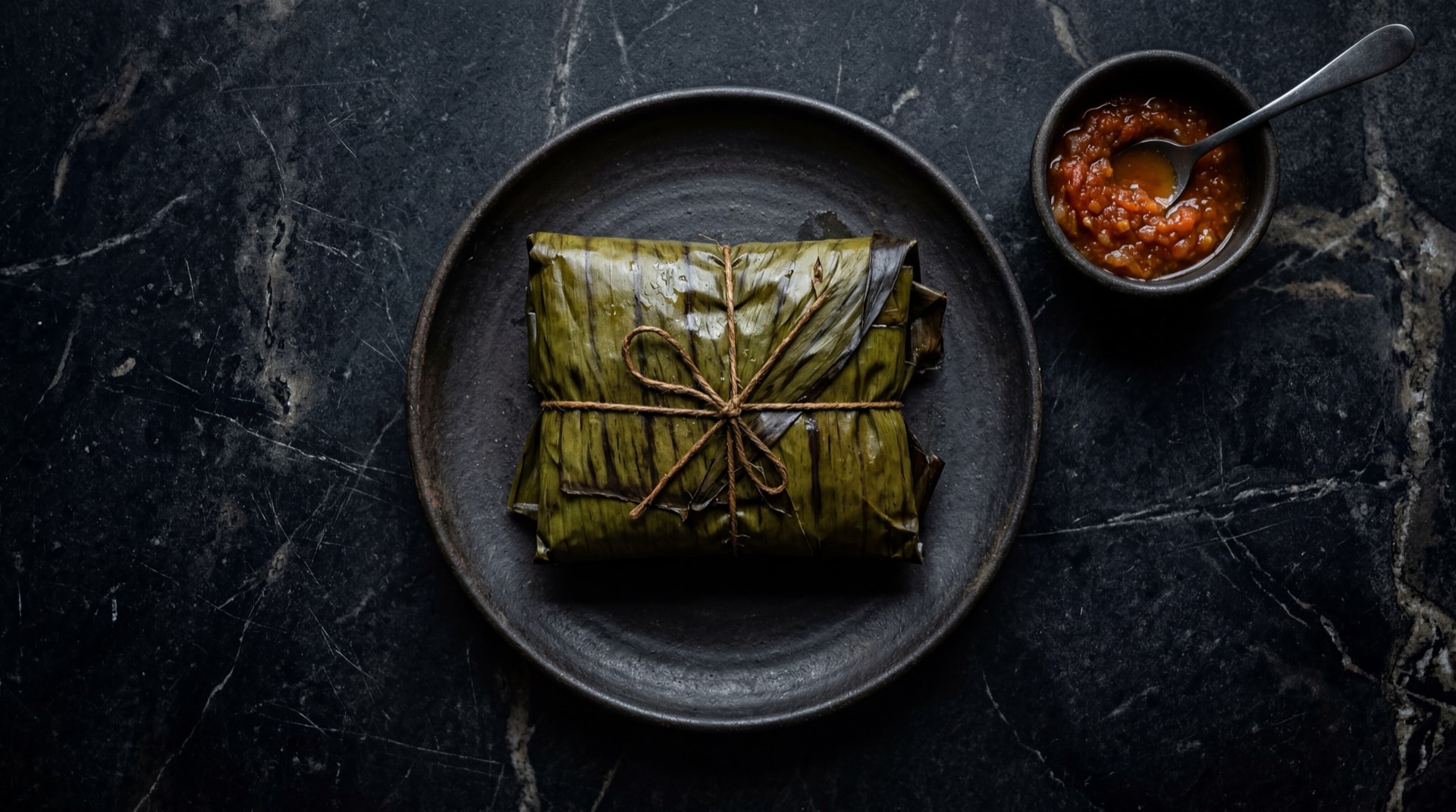 Tamal valluno colombiano abierto en hoja de platano mostrando masa de maiz con pollo desmechado cerdo papa criolla zanahoria y arvejas verdes frescas