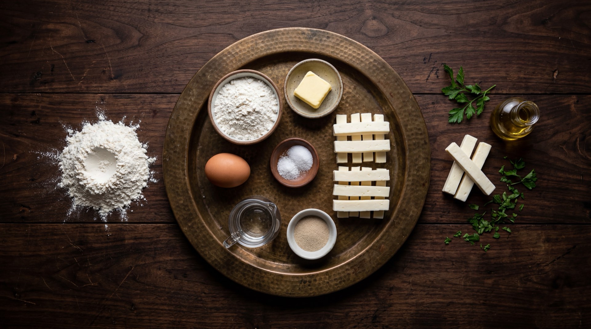 Ingredientes de los tequenos venezolanos: harina de trigo para todo uso, mantequilla sin sal fria en cubos, huevo fresco grande batido, queso blanco semiduro venezolano cortado en palitos, sal fina, azucar blanca y aceite vegetal para freir