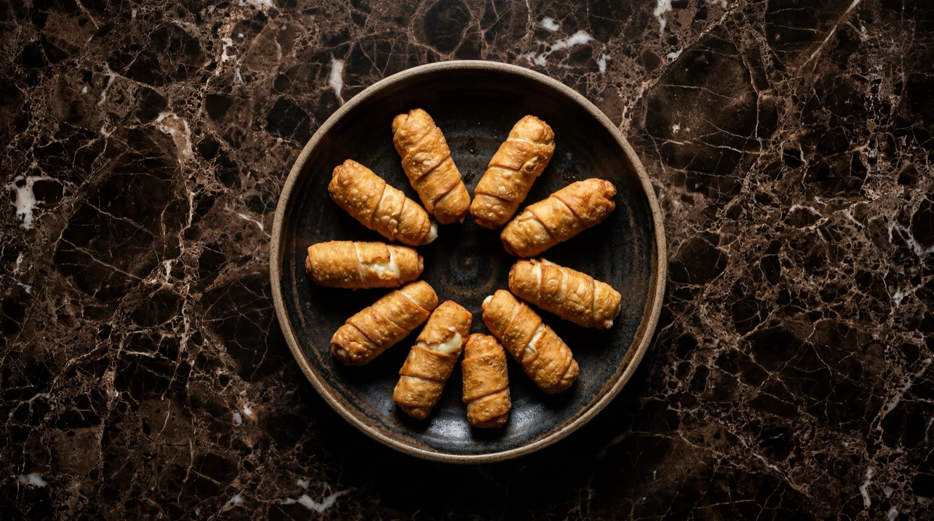 Tequenos venezolanos fritos dorados y crujientes con queso blanco derretido por dentro sobre bandeja de acero oscuro en mesa de concreto carbon