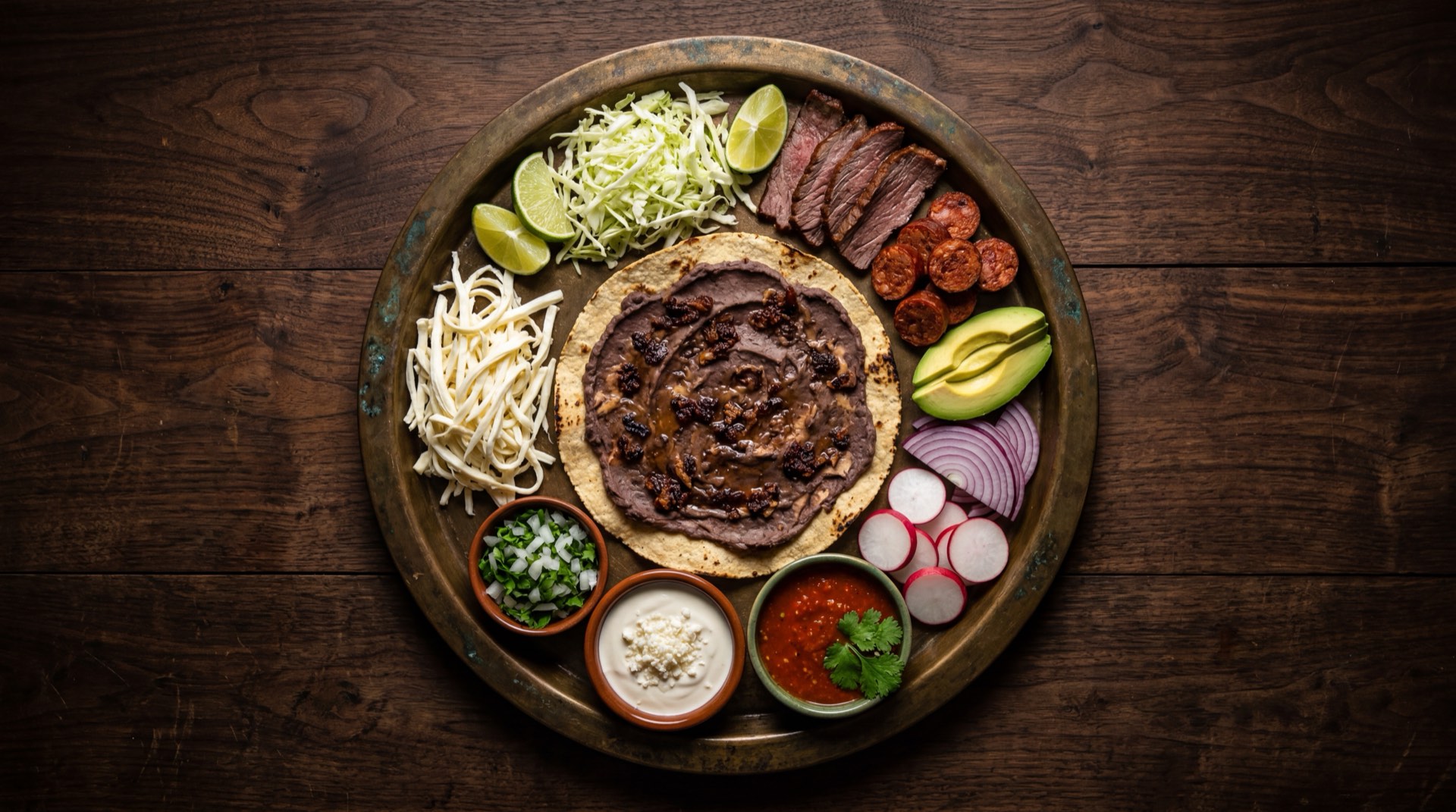 Ingredientes de la tlayuda oaxaquena: tortilla gigante de maiz, asiento de manteca de cerdo, frijoles negros refritos, queso Oaxaca fresco deshebrado, tasajo de res oaxaqueno, lechuga orejona fresca, aguacate Hass maduro y salsa de chile pasilla