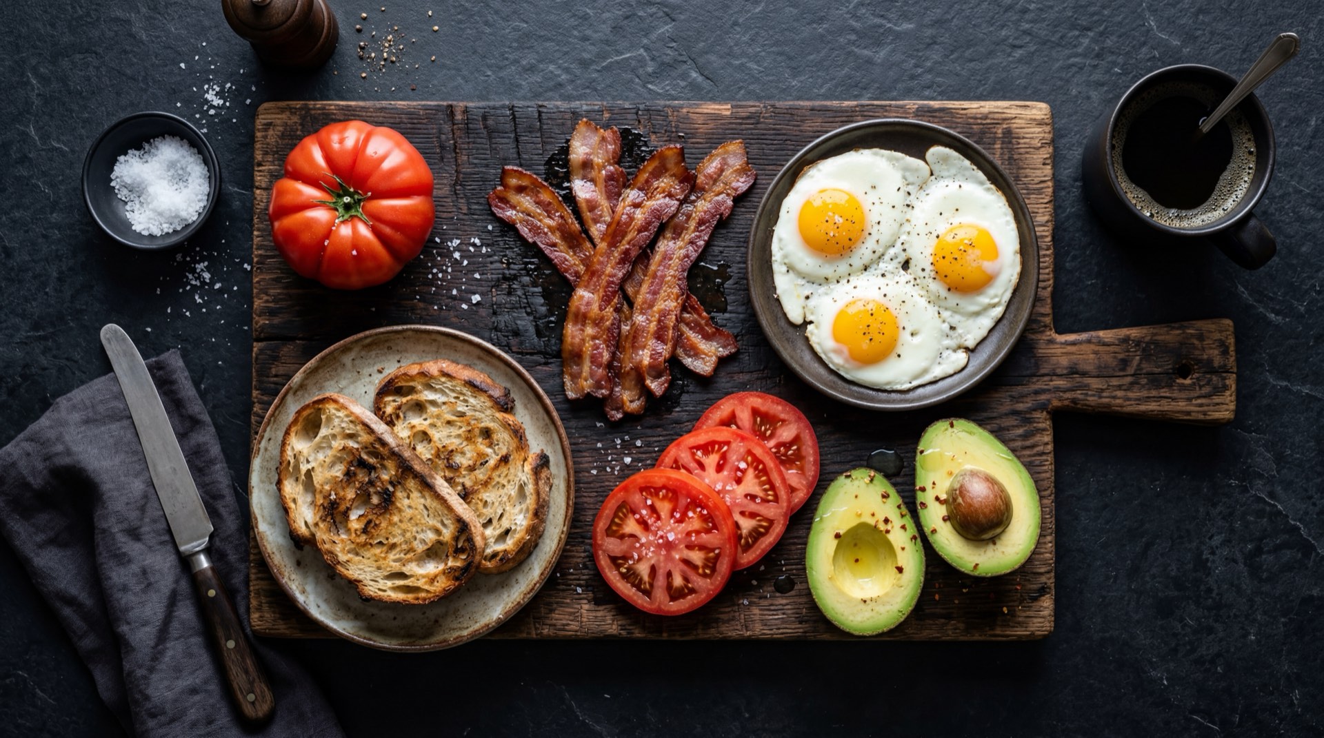 Ingredientes para preparar sandwich de Tocineta Zenu: tajadas de tocineta ahumada de cerdo cruda, huevos frescos enteros, aguacate Hass maduro cortado, pan integral en rebanadas y lechuga crespa fresca