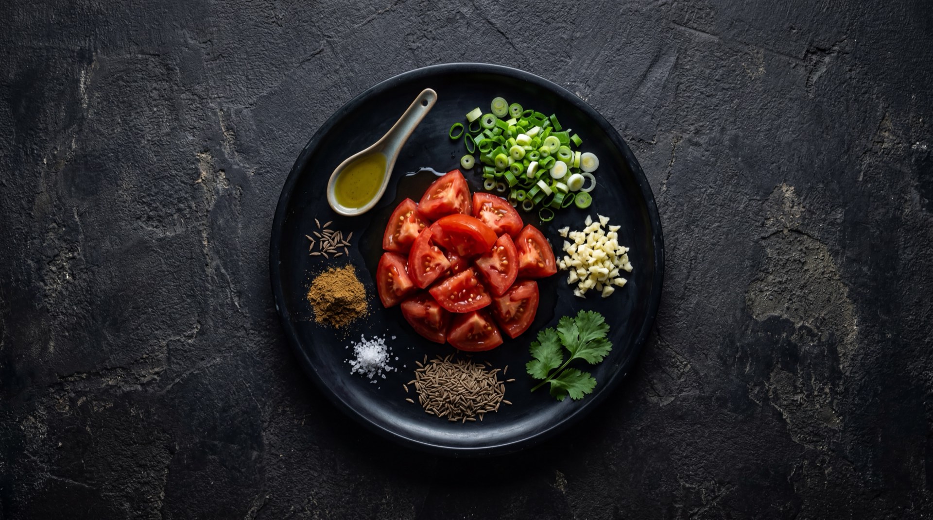 Ingredientes del hogao colombiano: tomates rojos maduros chonto, cebolla larga fresca, dientes de ajo fresco, aceite vegetal, comino molido, sal y cilantro fresco