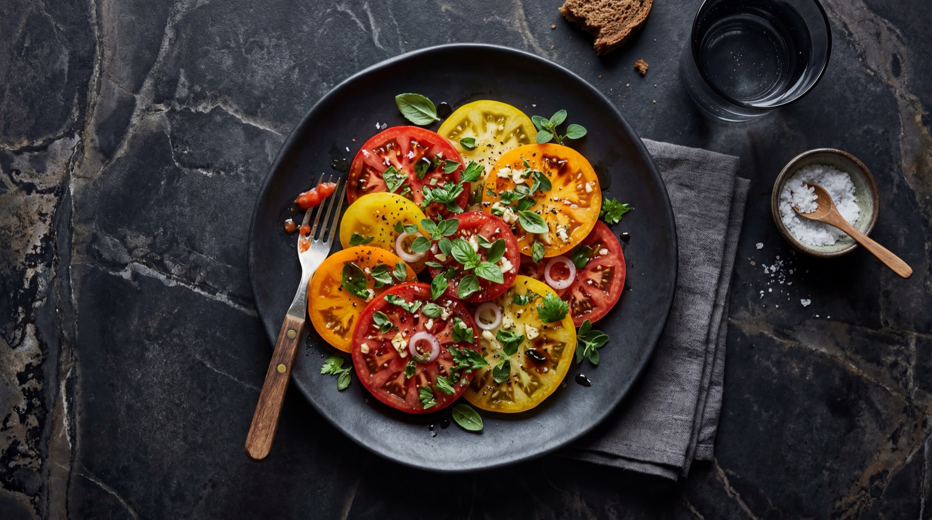 Ensalada fresca de tomate chonto colombiano con cebolla morada y cilantro fresco en plato de vidrio ahumado