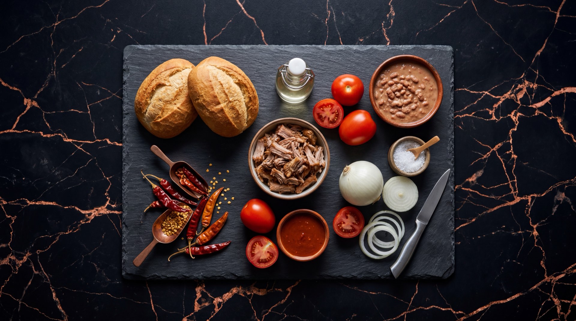 Ingredientes para torta ahogada de Guadalajara: birote salado crujiente, carnitas de cerdo deshebradas, chiles de arbol secos tostados, tomates rojos maduros, cebolla blanca, ajo fresco pelado, vinagre blanco de cana y oregano seco mexicano