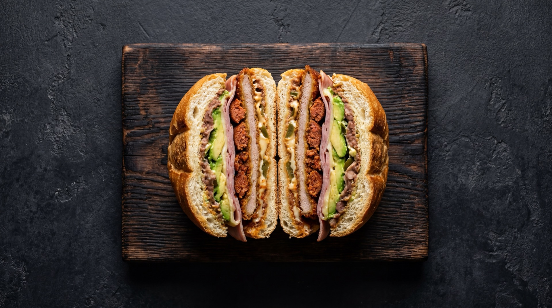 Torta Cubana mexicano tradicional servido en plato oscuro sobre mesa de marmol negro