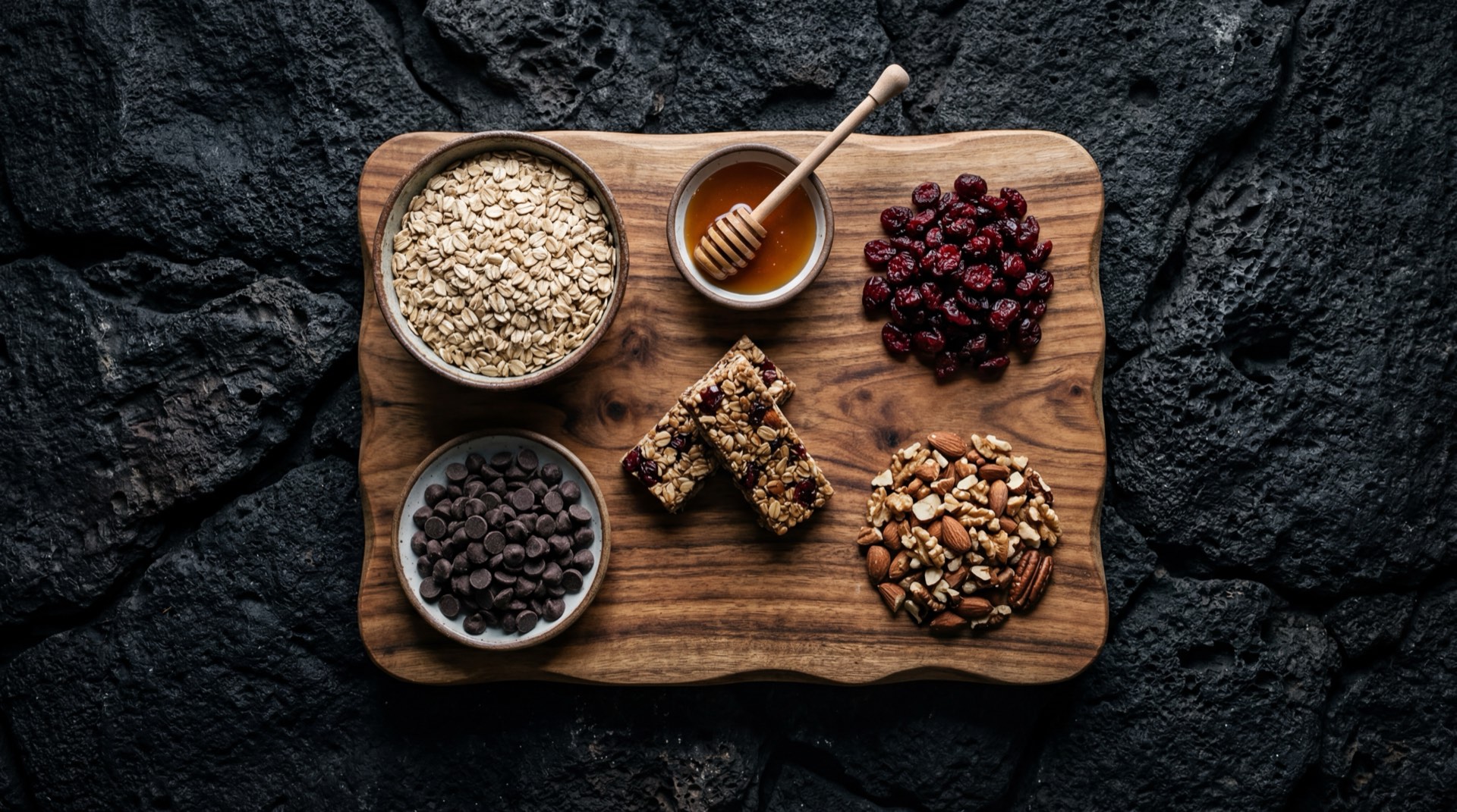 Ingredientes de una barra Tosh de Noel: avena integral en hojuelas, miel de abejas dorada, chips de chocolate oscuro, arandanos secos rojos y semillas de girasol sobre superficie oscura