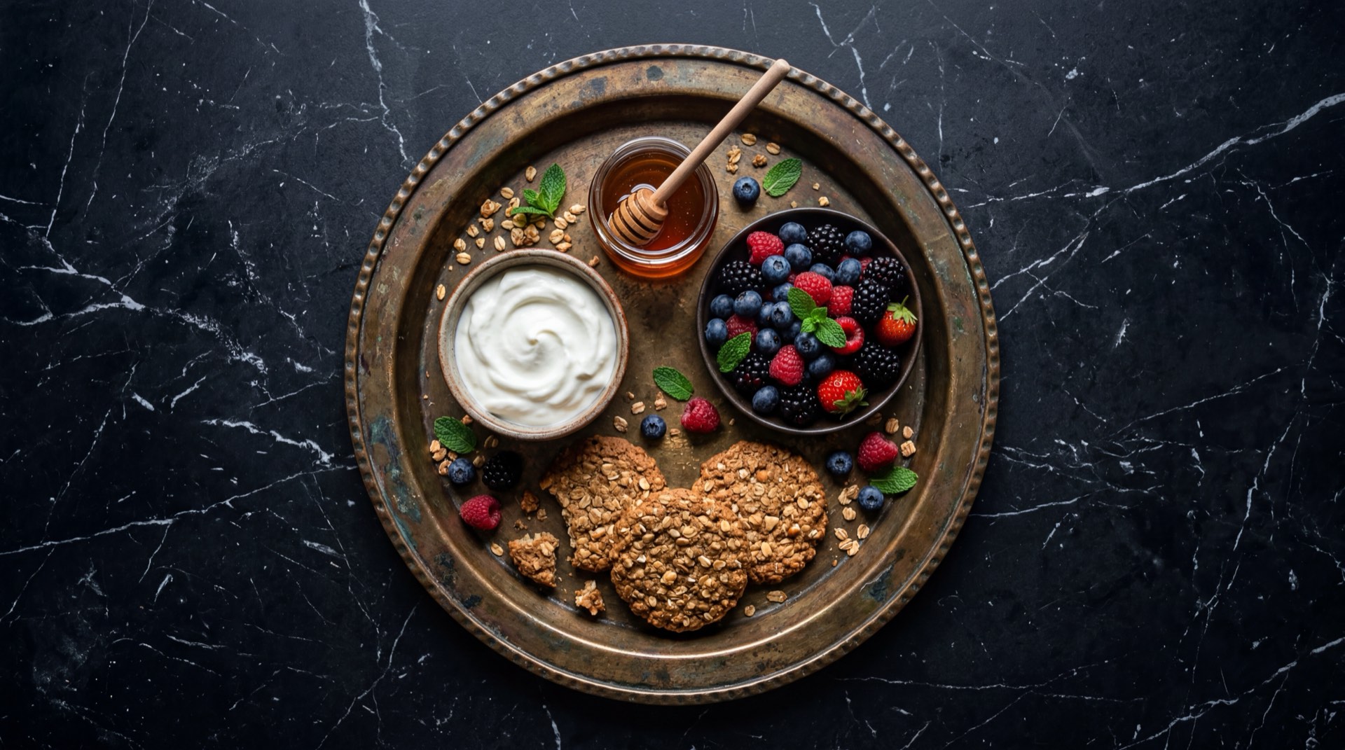 Ingredientes de Galletas Tosh: hojuelas de avena integral, miel de abejas dorada, harina de trigo fortificada, semillas de linaza y arandanos secos sobre tabla de madera de acacia oscura