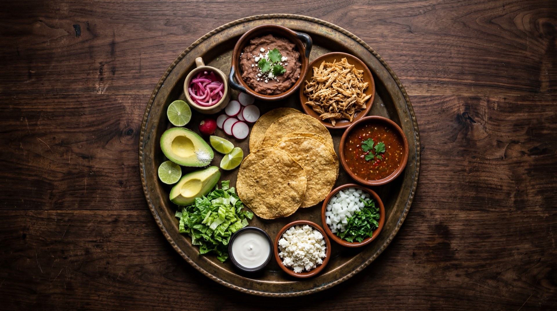 Ingredientes de las tostadas mexicanas: tortillas de maiz fritas planas y crujientes, pollo deshebrado en tinga de chipotle, frijoles refritos negros espesos, lechuga iceberg picada, crema acida mexicana, queso fresco desmoronado, aguacate maduro y tomates rojos maduros