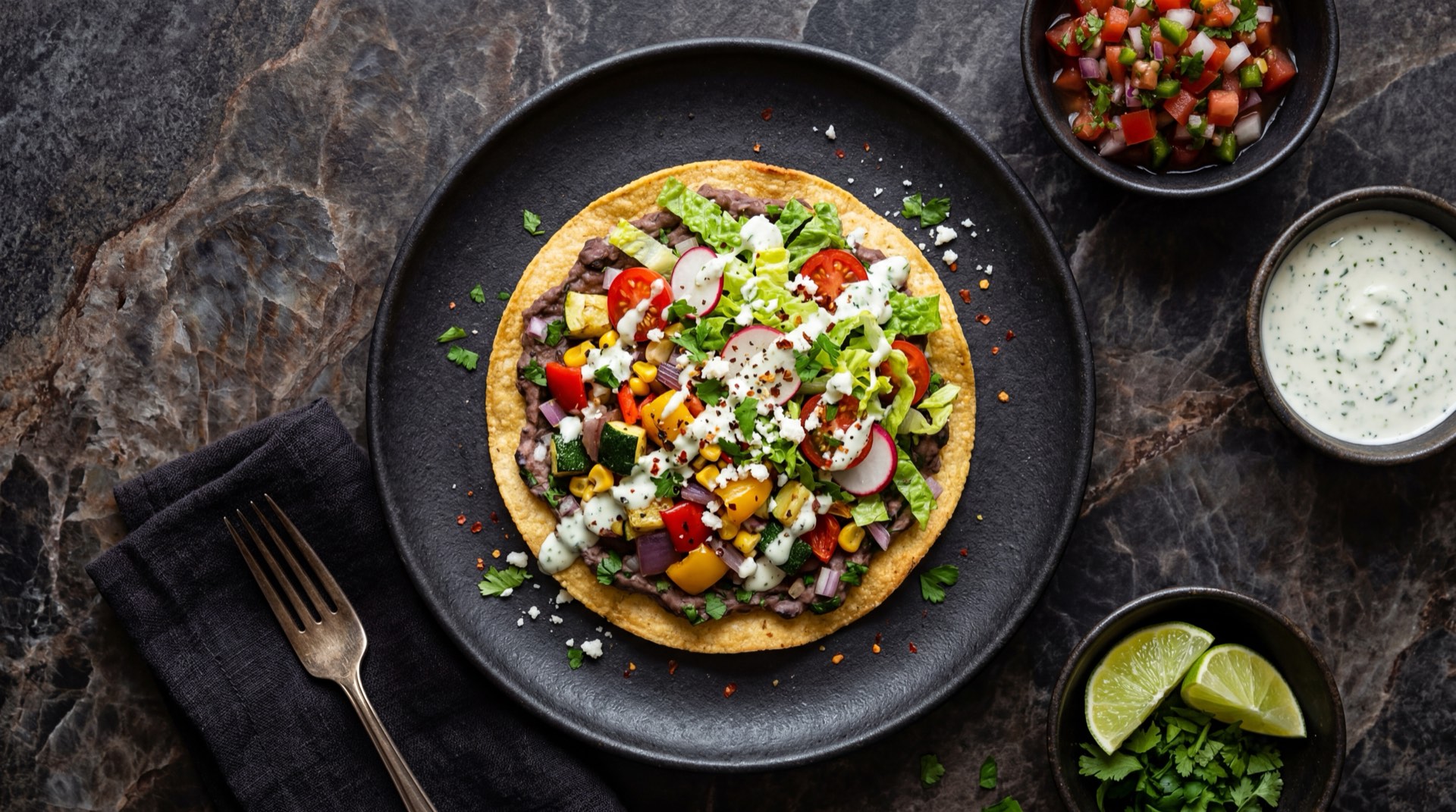 Tostadas mexicanas version saludable horneadas con ceviche de camaron fresco, aguacate en rodajas y lechuga iceberg sobre plato de ceramica oscuro