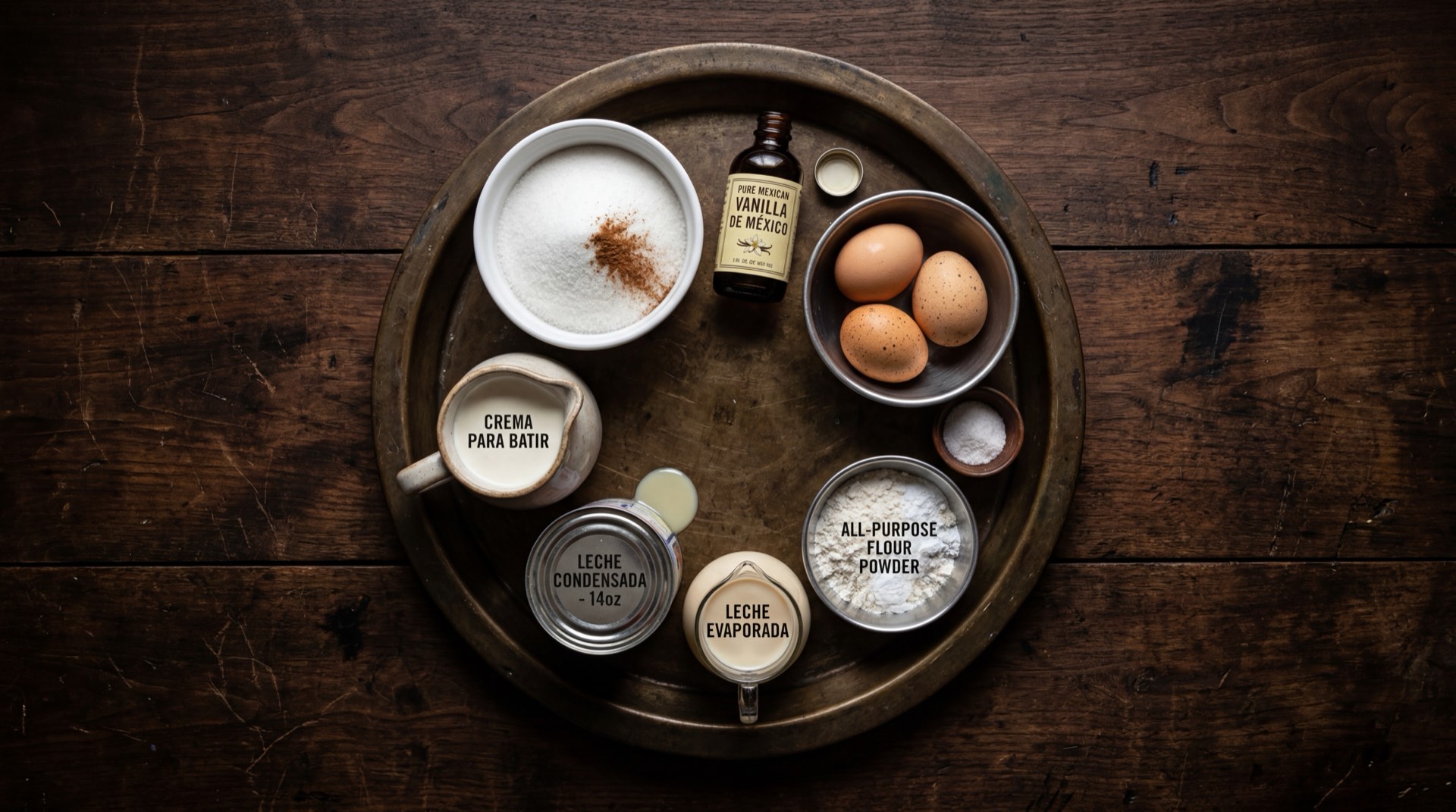 Ingredientes del pastel de tres leches mexicano: harina de trigo para todo uso, huevos frescos grandes, azucar blanca refinada, lata de leche condensada azucarada, lata de leche evaporada, crema para batir, extracto de vainilla pura y canela en polvo