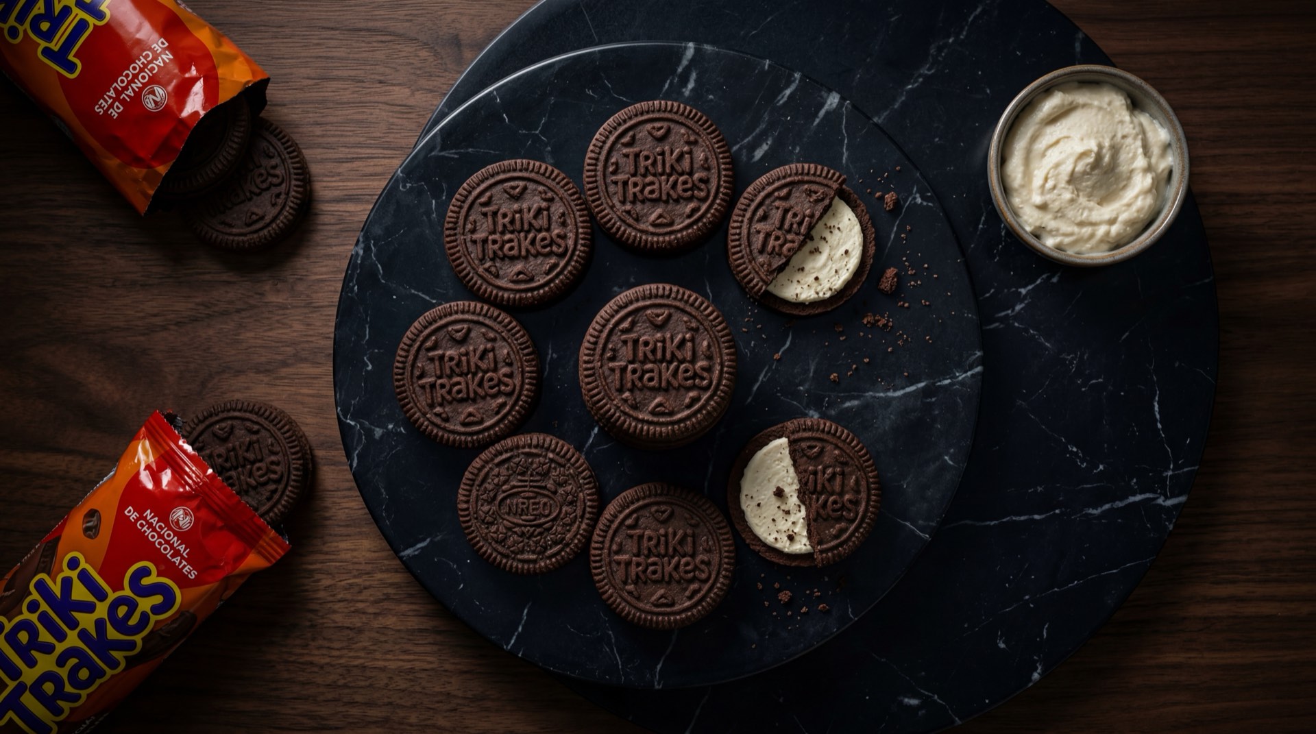 Galletas Triki Trakes de Nacional de Chocolates, galletas sandwich de chocolate con crema de vainilla sobre plato de ceramica oscura